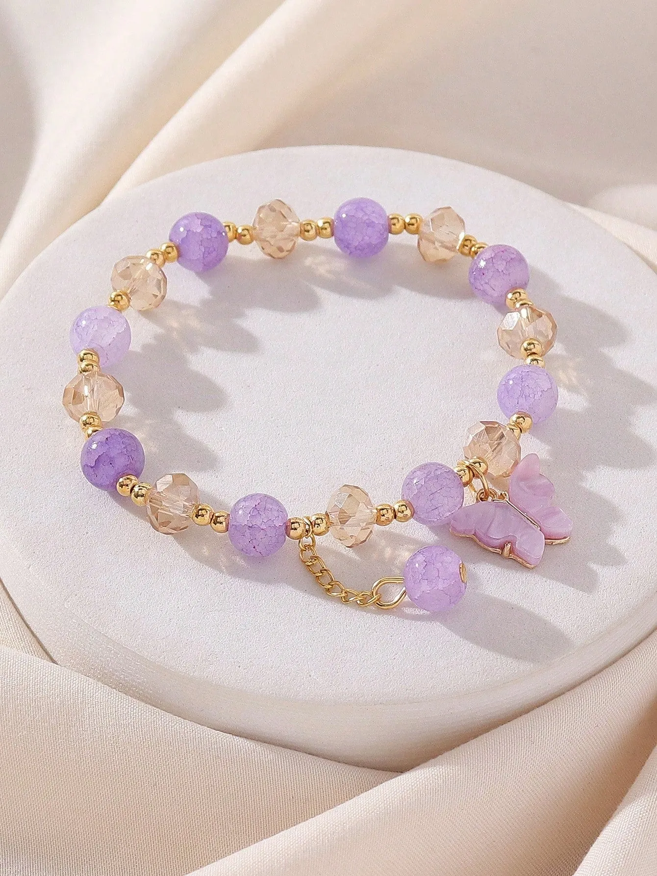 Lively Colorful Purple Acrylic Butterfly Elastic Beaded Bracelet For Women