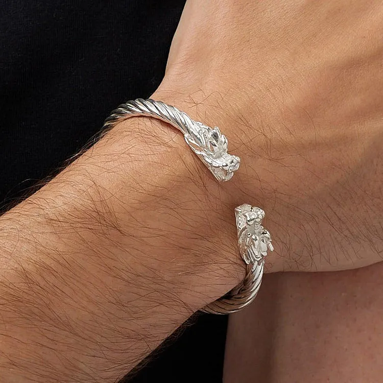 Men's Sterling Silver Bangle Bracelet with Dragon Design