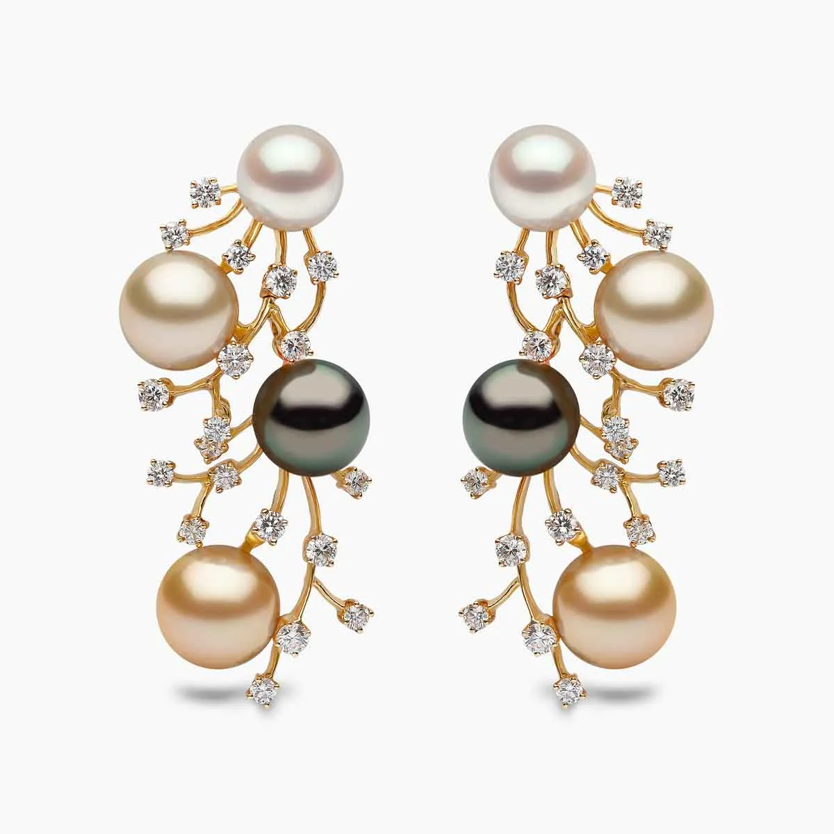 Ombré 18K Gold Mix Pearl and Diamond Cluster Earrings