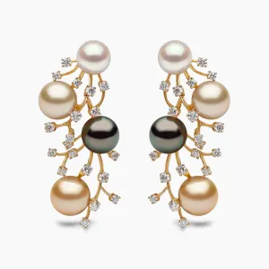 Ombré 18K Gold Mix Pearl and Diamond Cluster Earrings