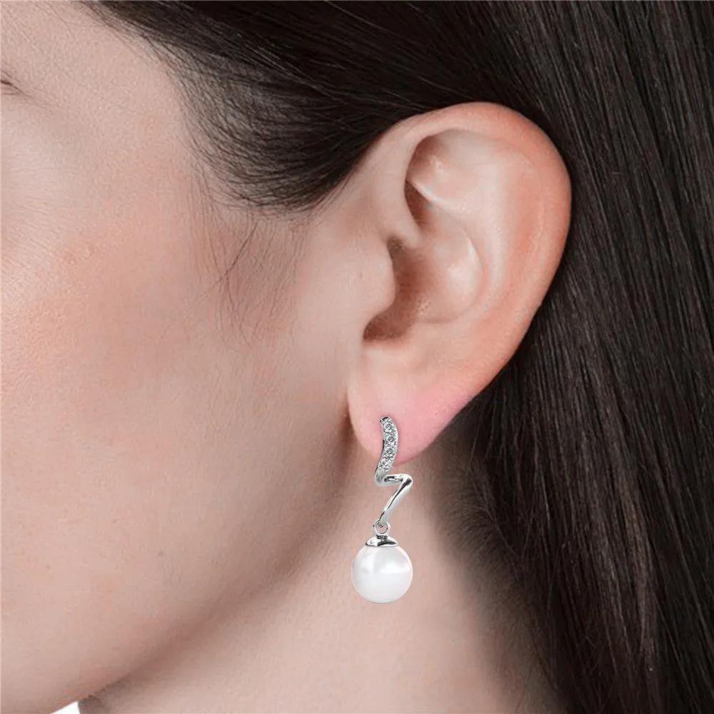 Ophelia 18k White Gold Plated Drop Pearl Crystal Earrings