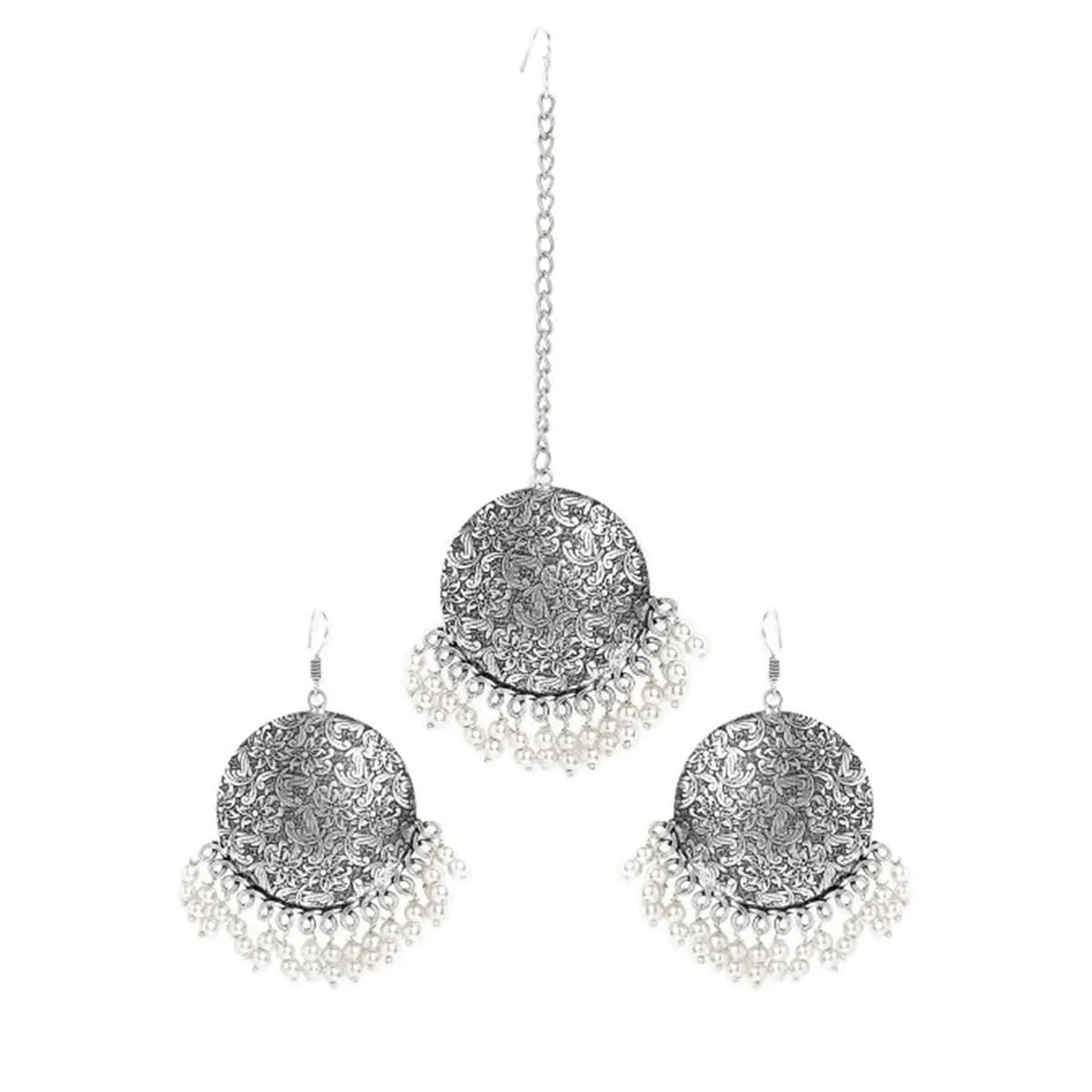 Oxidized Silver-Plated Maang Tikka and Earrings Set with White Beads Detailing