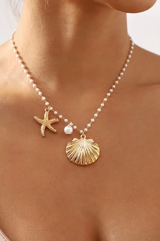 Pearl Chain Starfish Shell Pendant Necklace