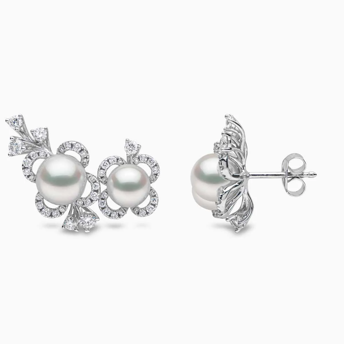 Petal 18K Gold Double Akoya Pearl and Diamond Floral Motif Earrings