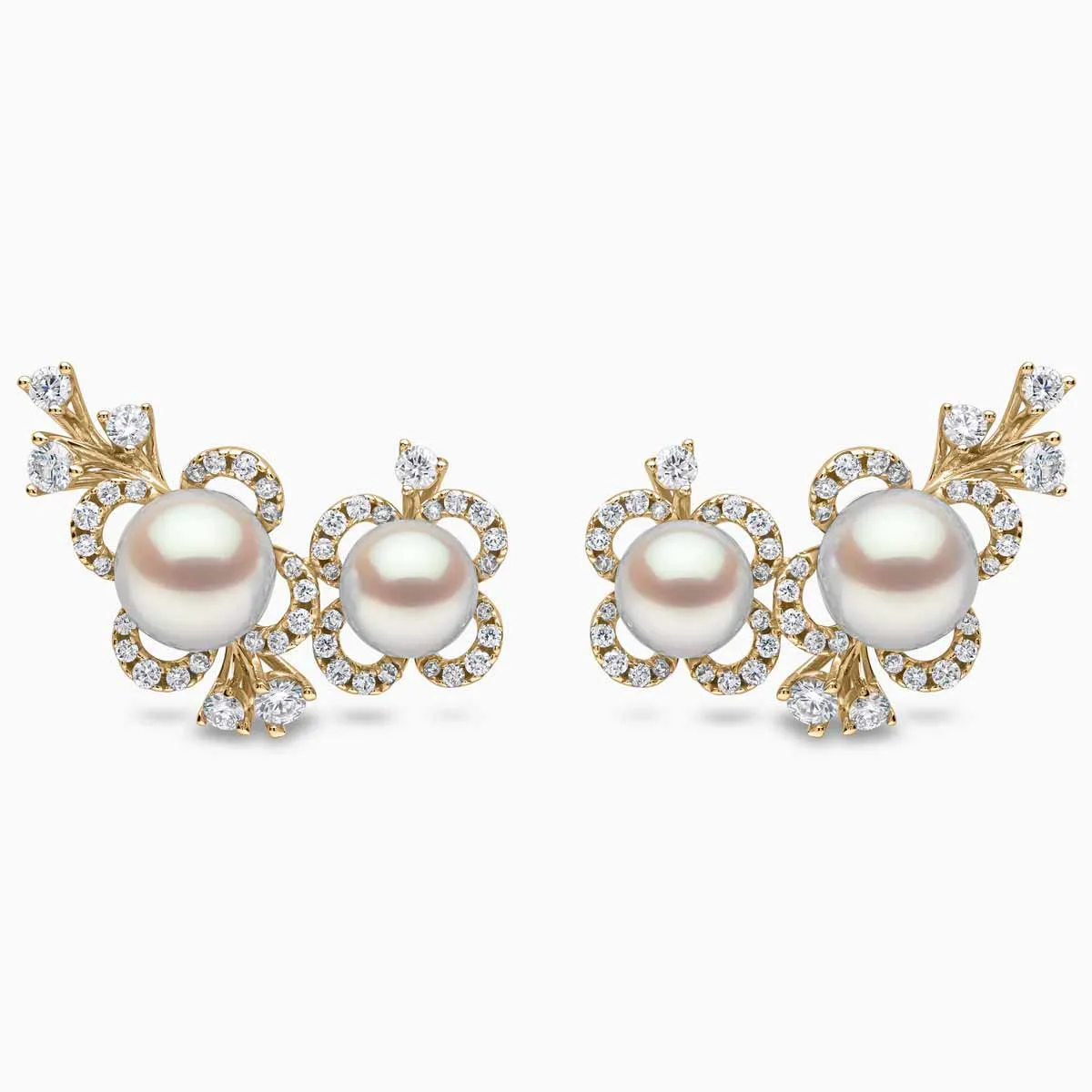 Petal 18K Gold Double Akoya Pearl and Diamond Floral Motif Earrings