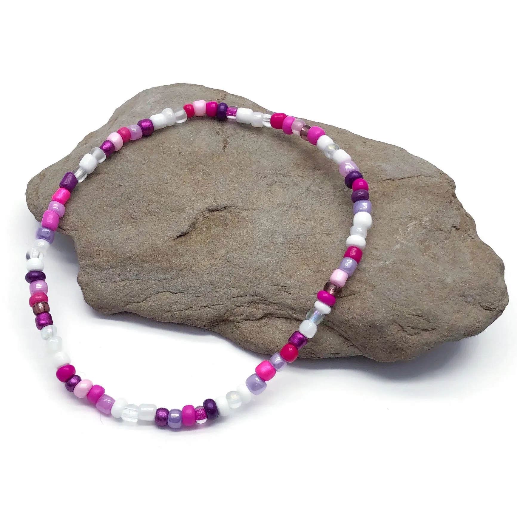 Pink and White Glass Seed Bead Anklet