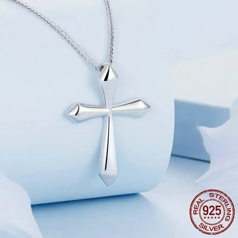 Platinum Plated 925 Solid Sterling Silver Classic Cross Pendant Crucifix Necklace Faithful For Women Girls