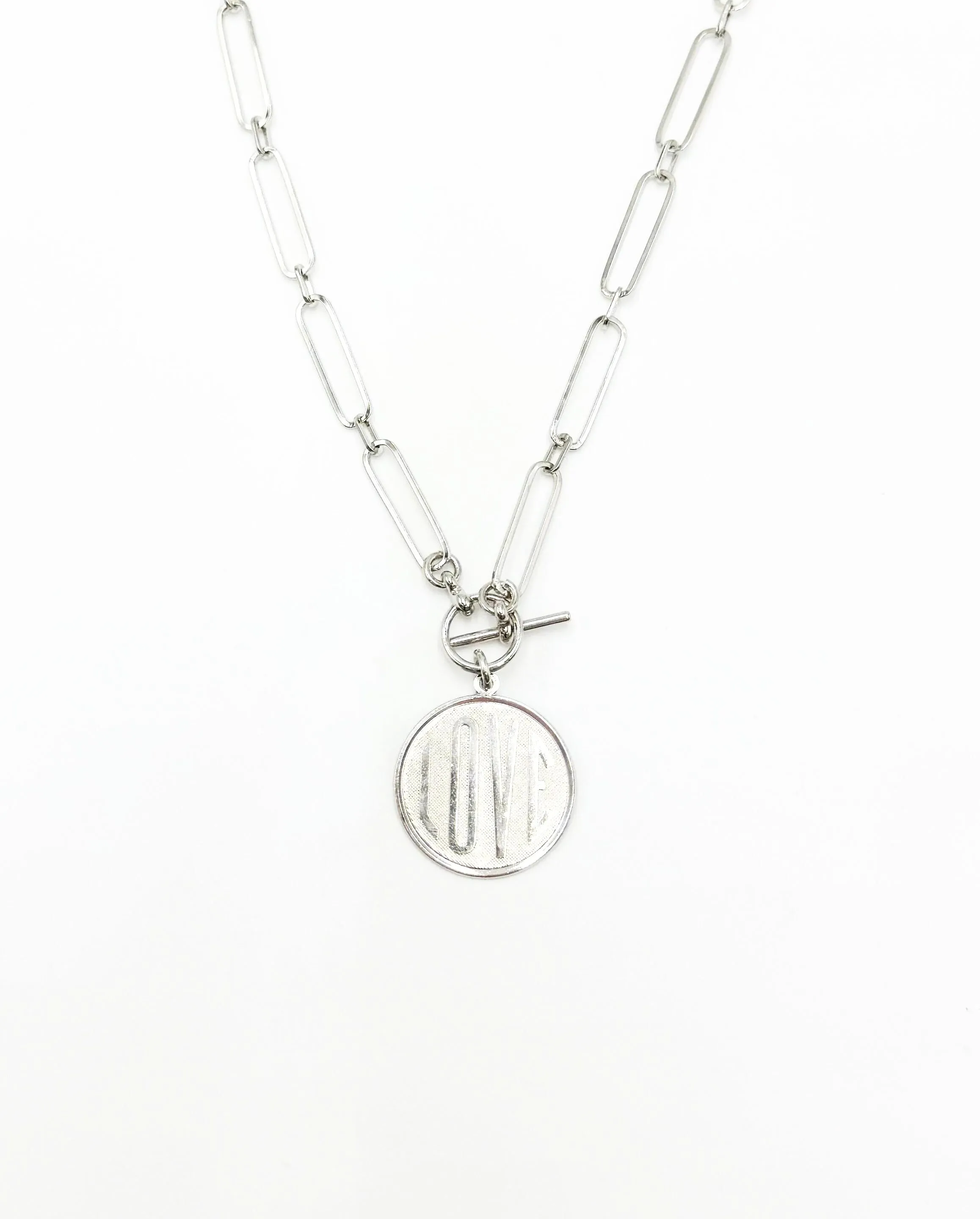 "LOVE" COIN DISC NECKLACE WITH CHAIN LINK AND TOGGLE