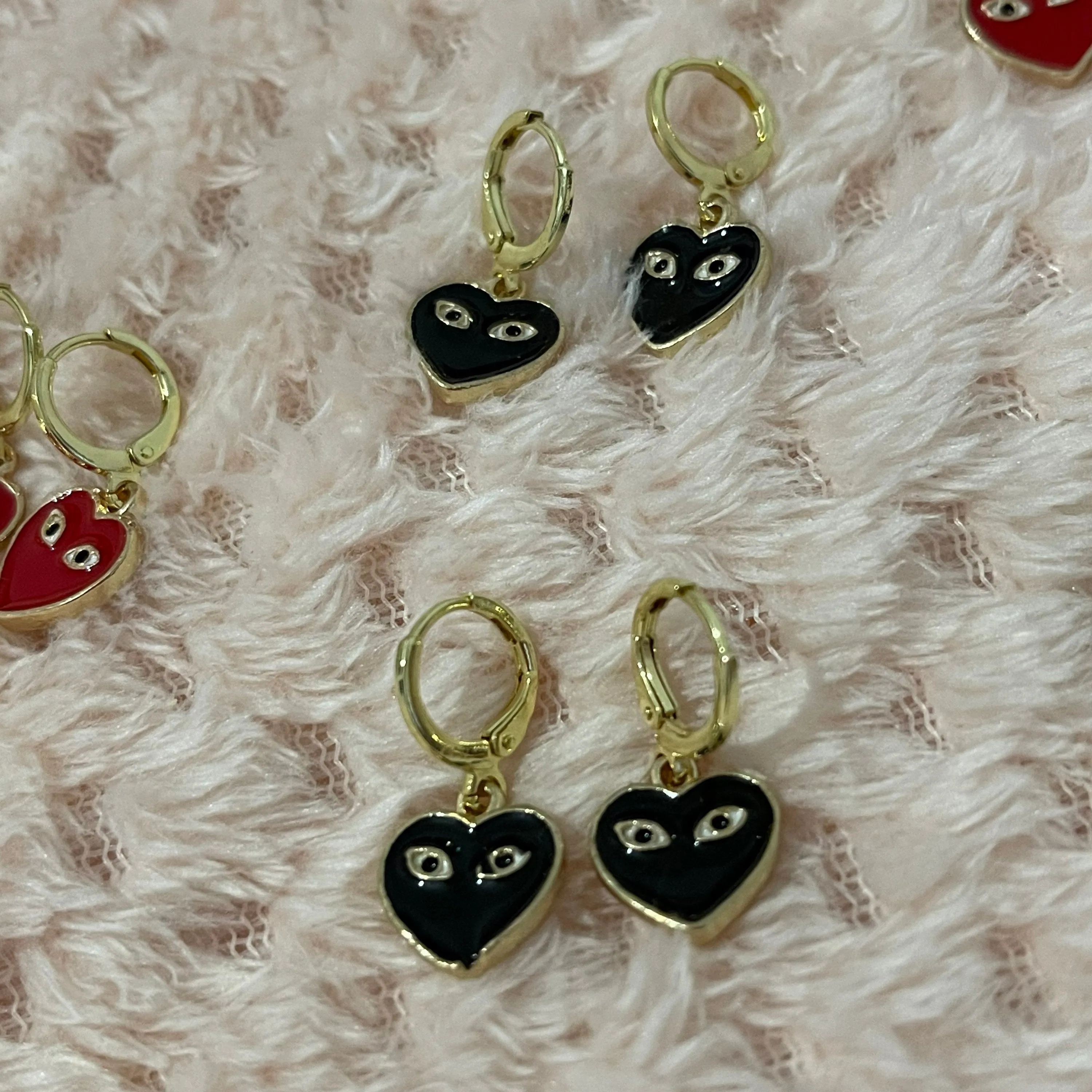 Red or Black Heart with Eyes Huggie Hoops