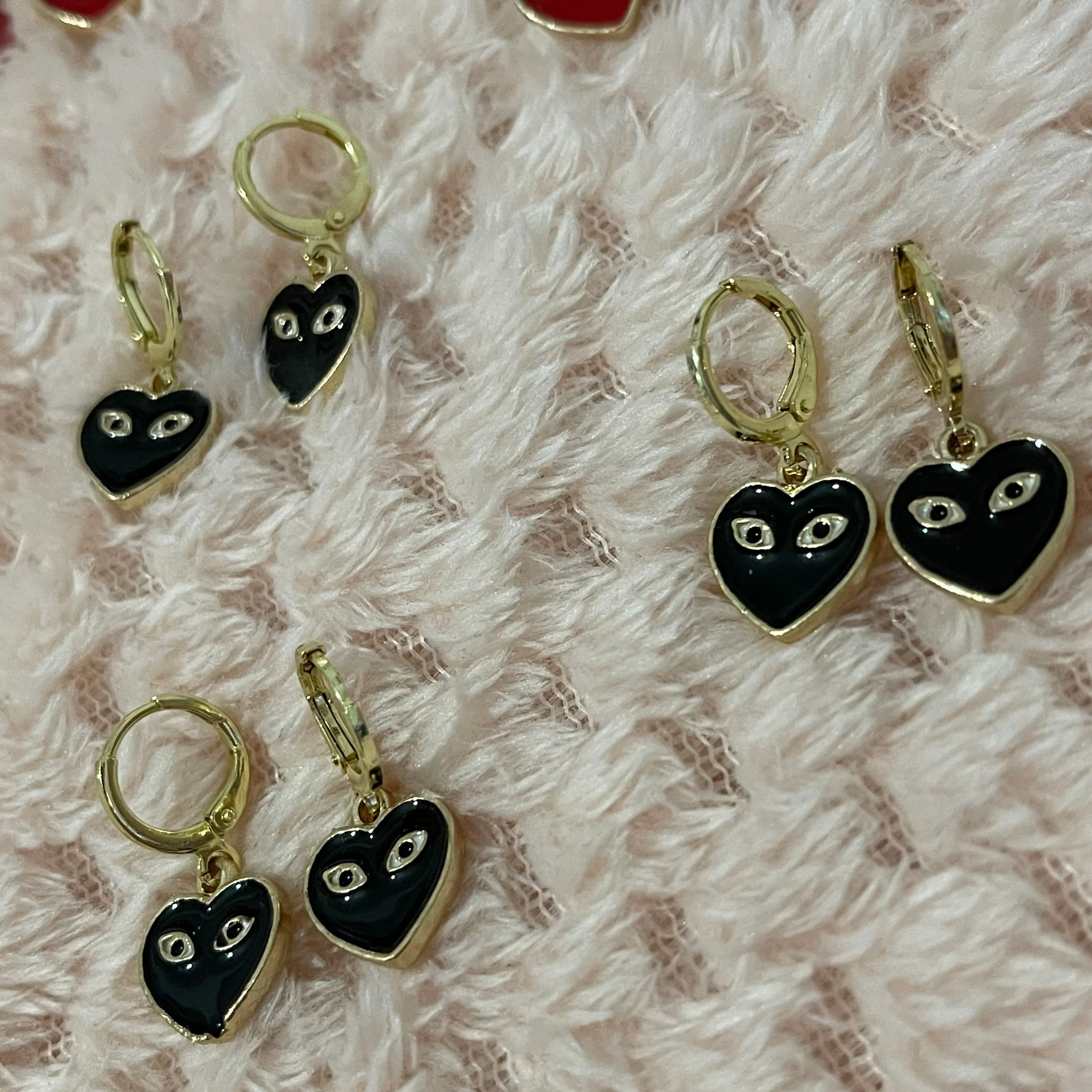 Red or Black Heart with Eyes Huggie Hoops