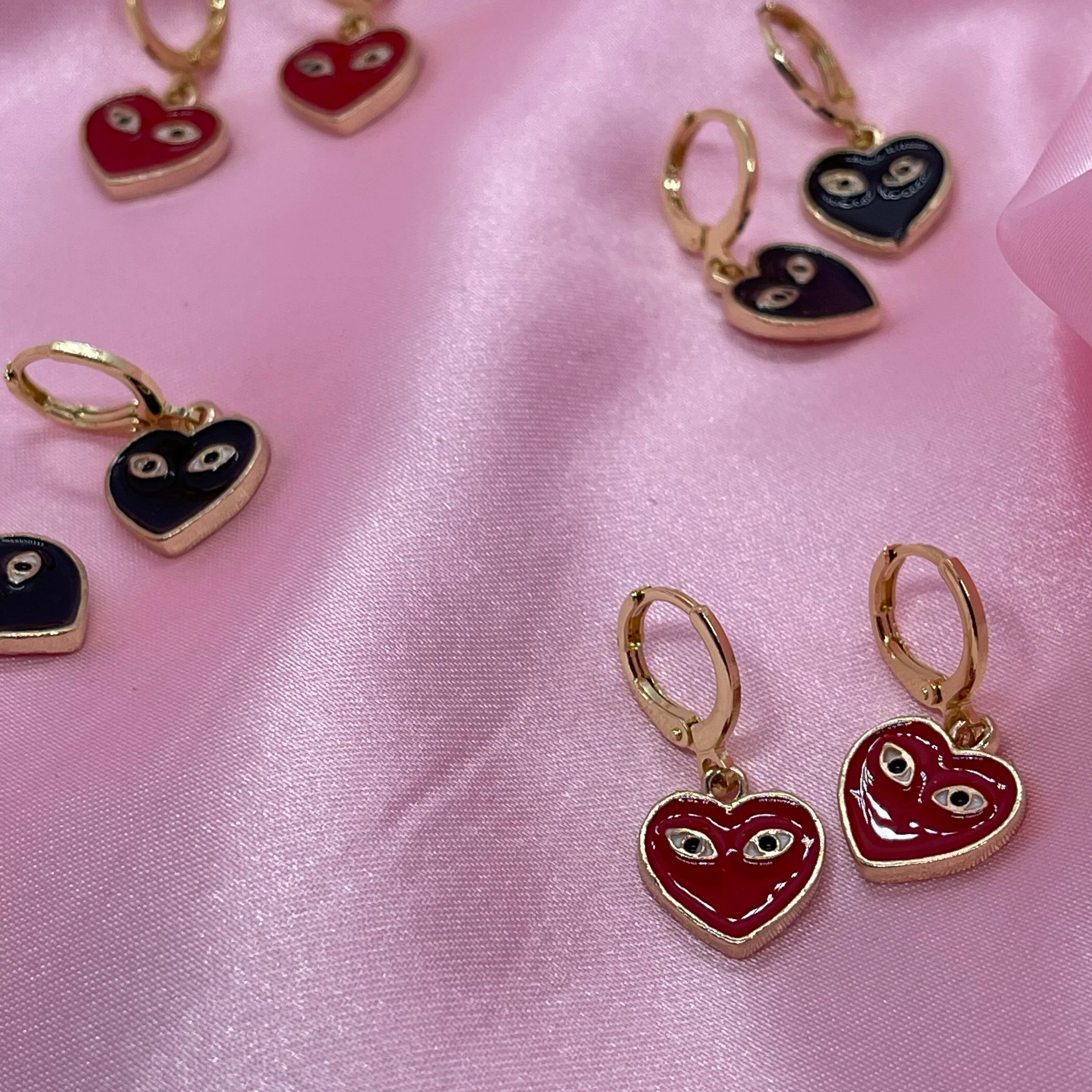 Red or Black Heart with Eyes Huggie Hoops