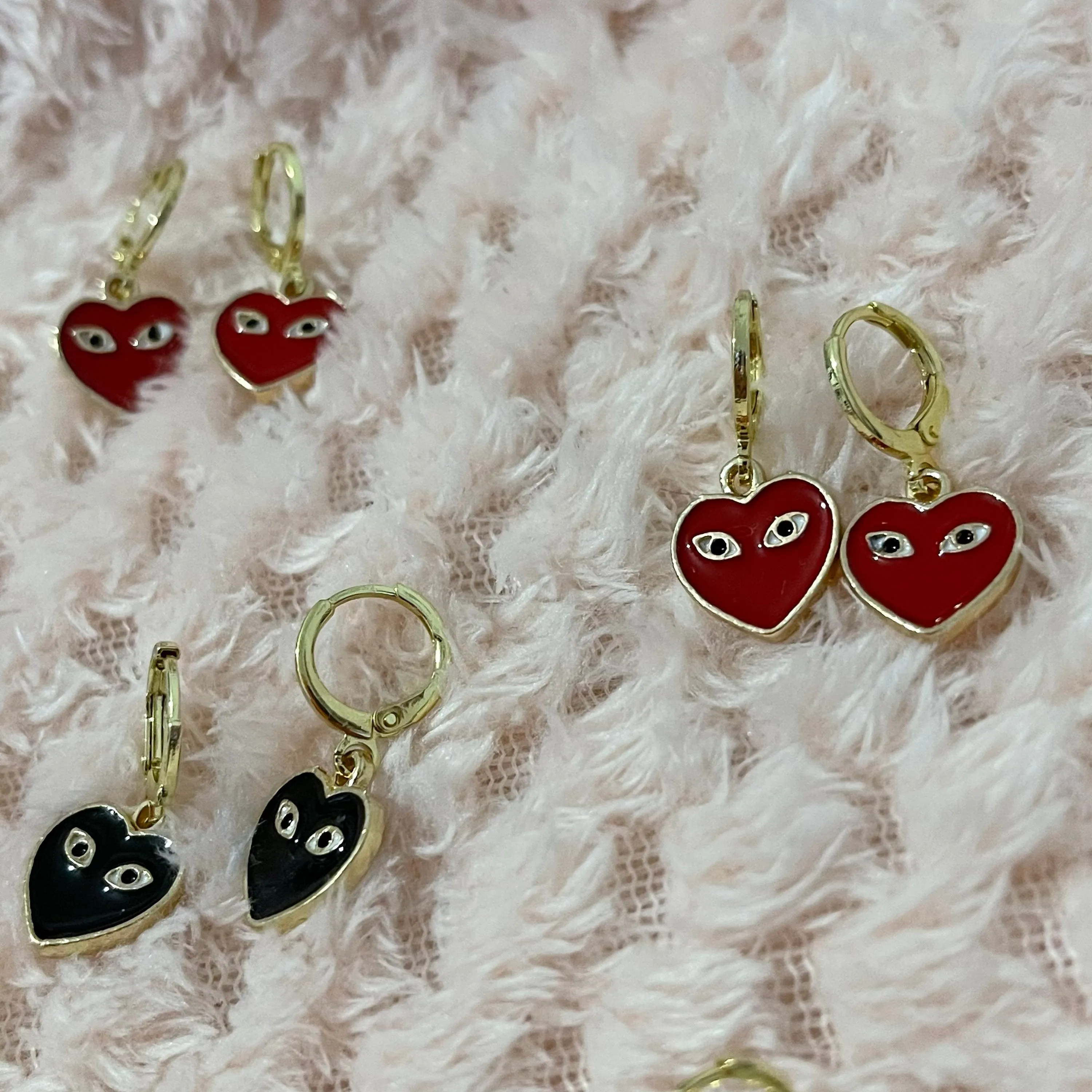 Red or Black Heart with Eyes Huggie Hoops