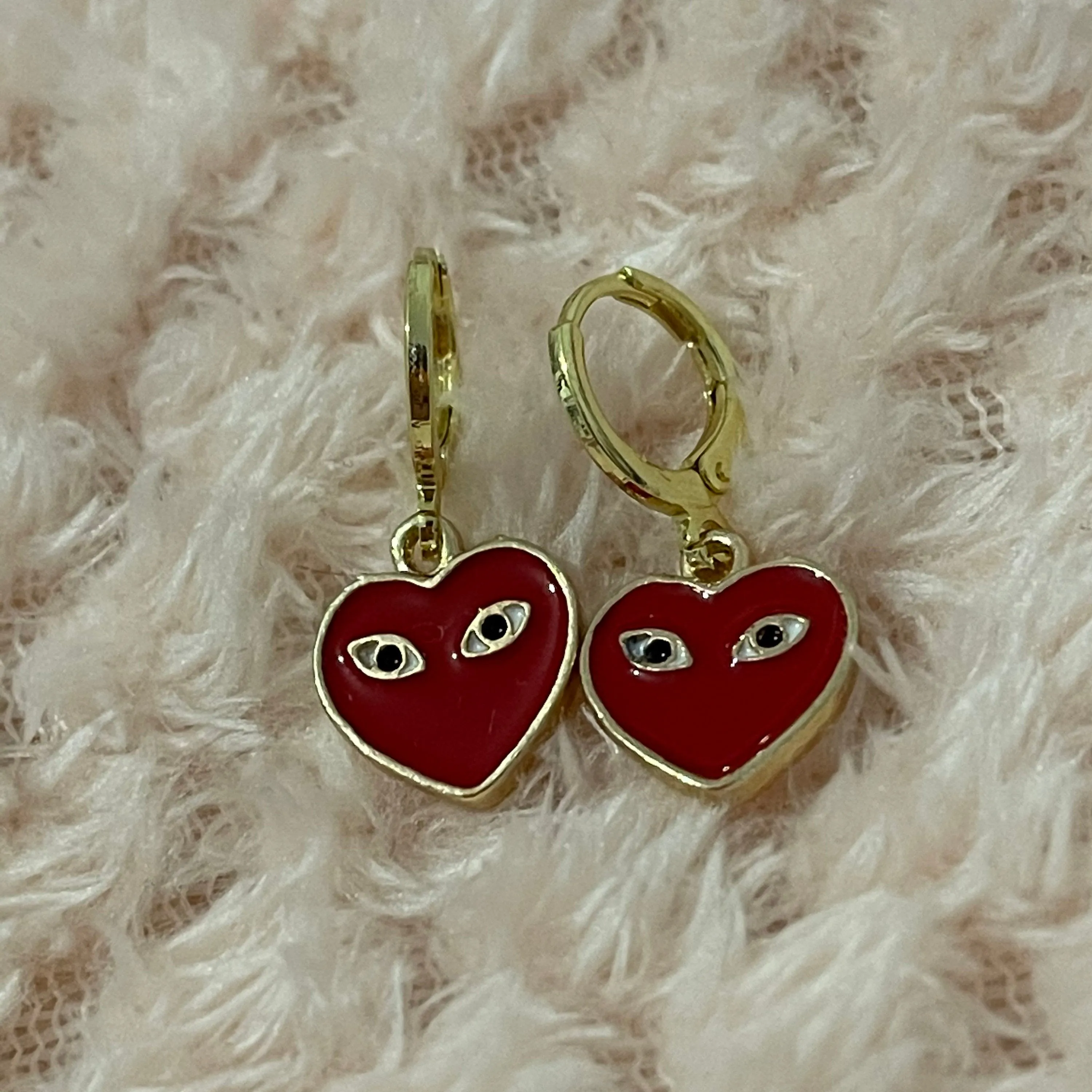 Red or Black Heart with Eyes Huggie Hoops