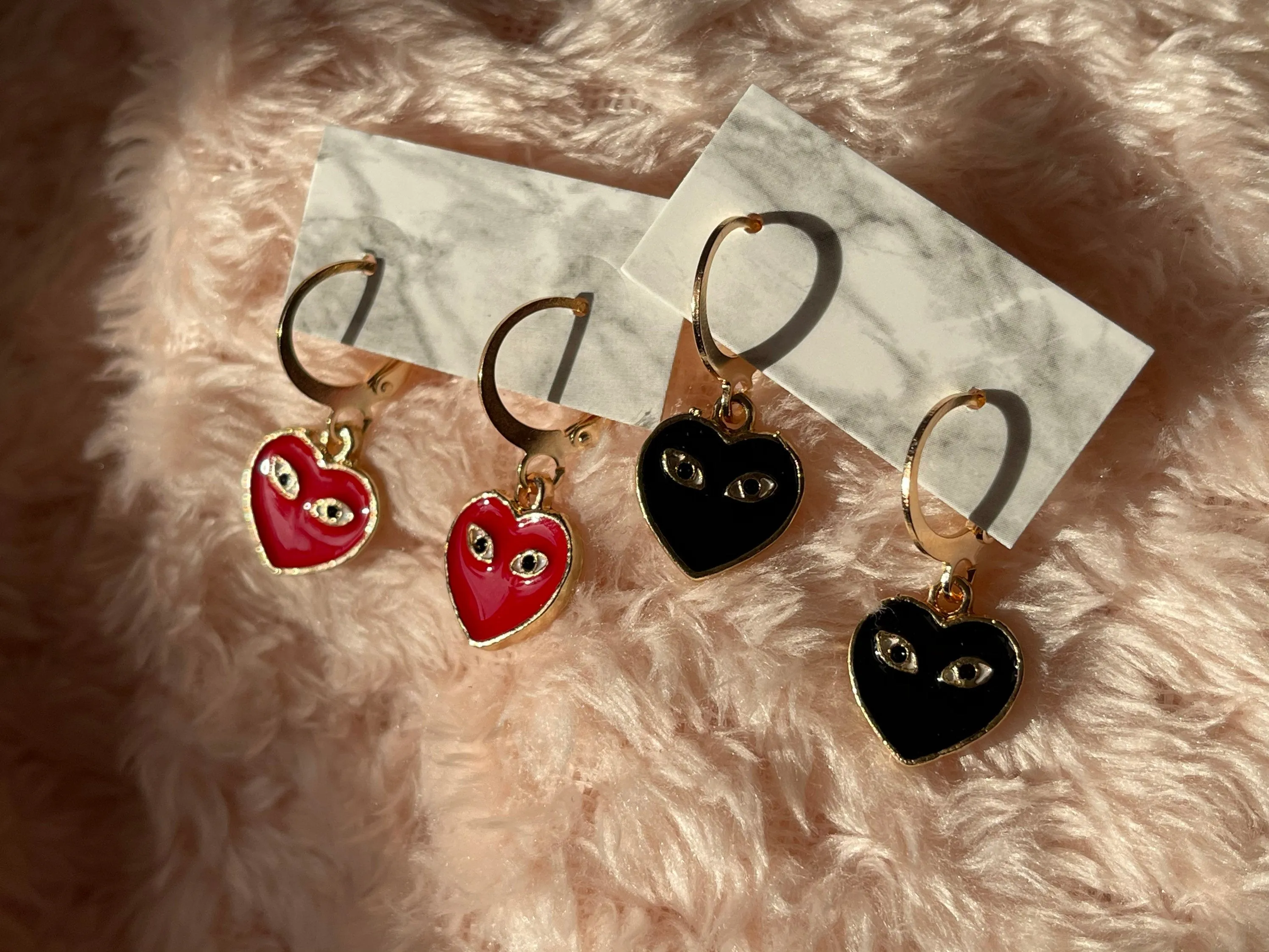 Red or Black Heart with Eyes Huggie Hoops