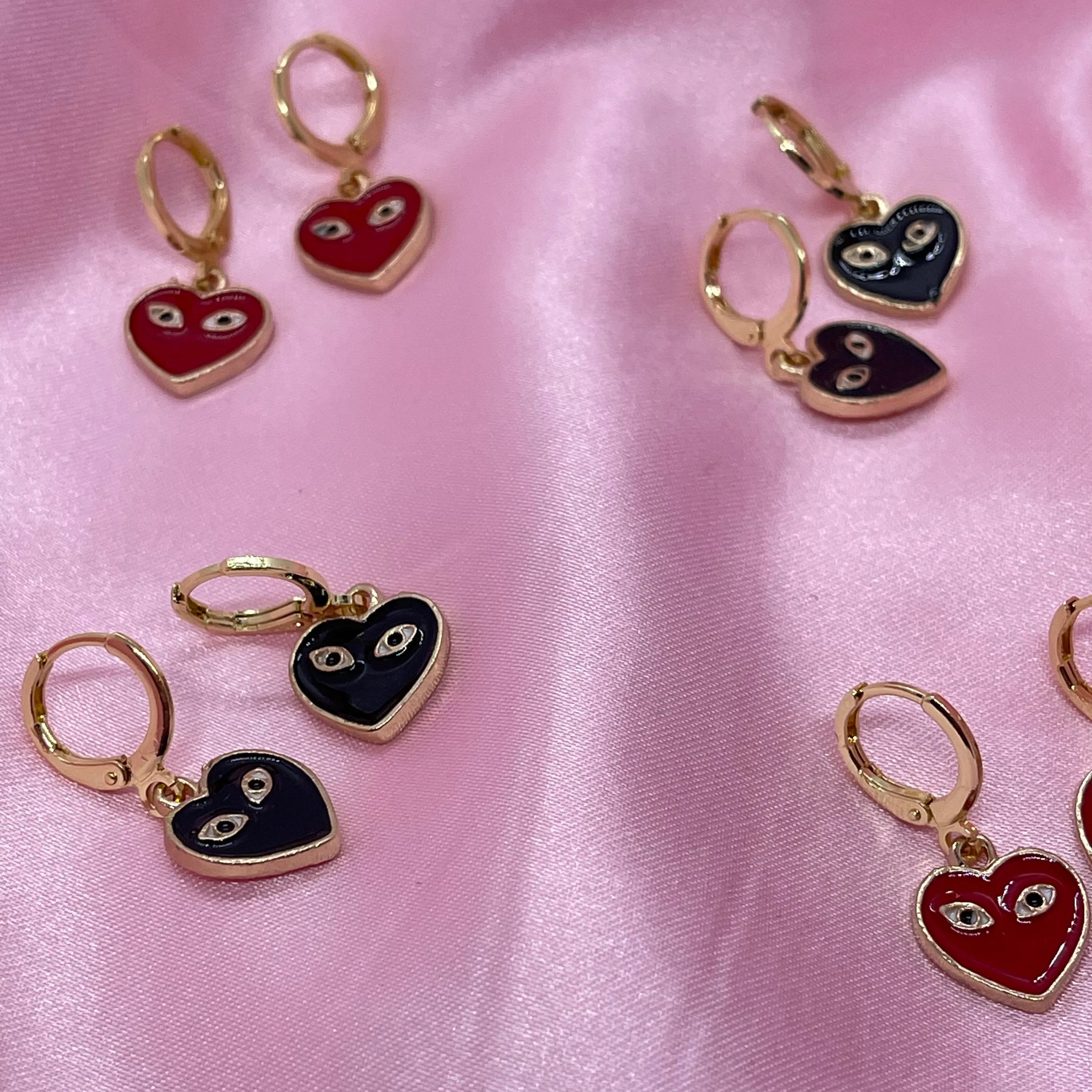 Red or Black Heart with Eyes Huggie Hoops