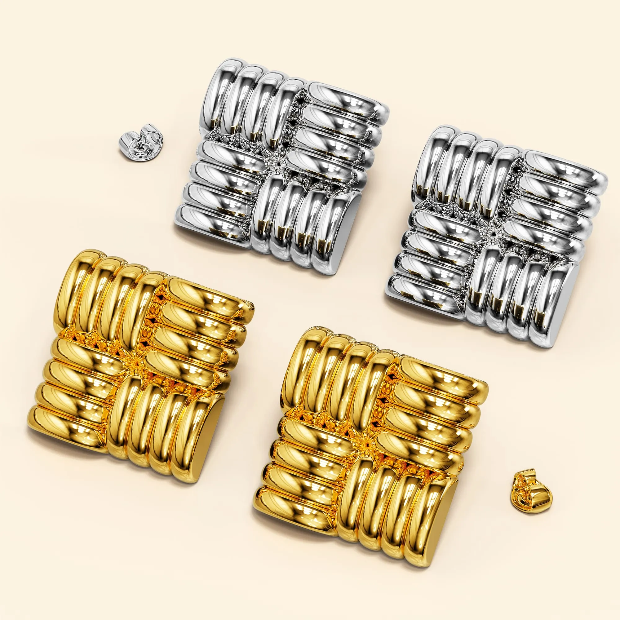 Ridged Square Gold layered Stud Earrings