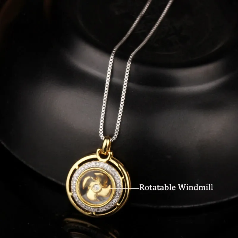 Rotatable Windmill Pendant Necklace AAA Cubic Zirconia Pave Gold Silver Color Crystal Necklace Jewelry