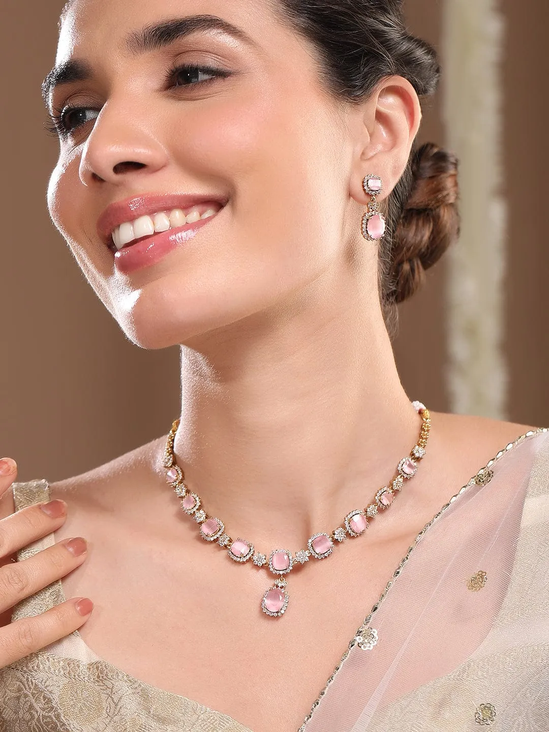 Rubans 22K Gold-Plated Pastel Pink Stone & Cubic Zirconia Studded Necklace Set with Matching Earrings