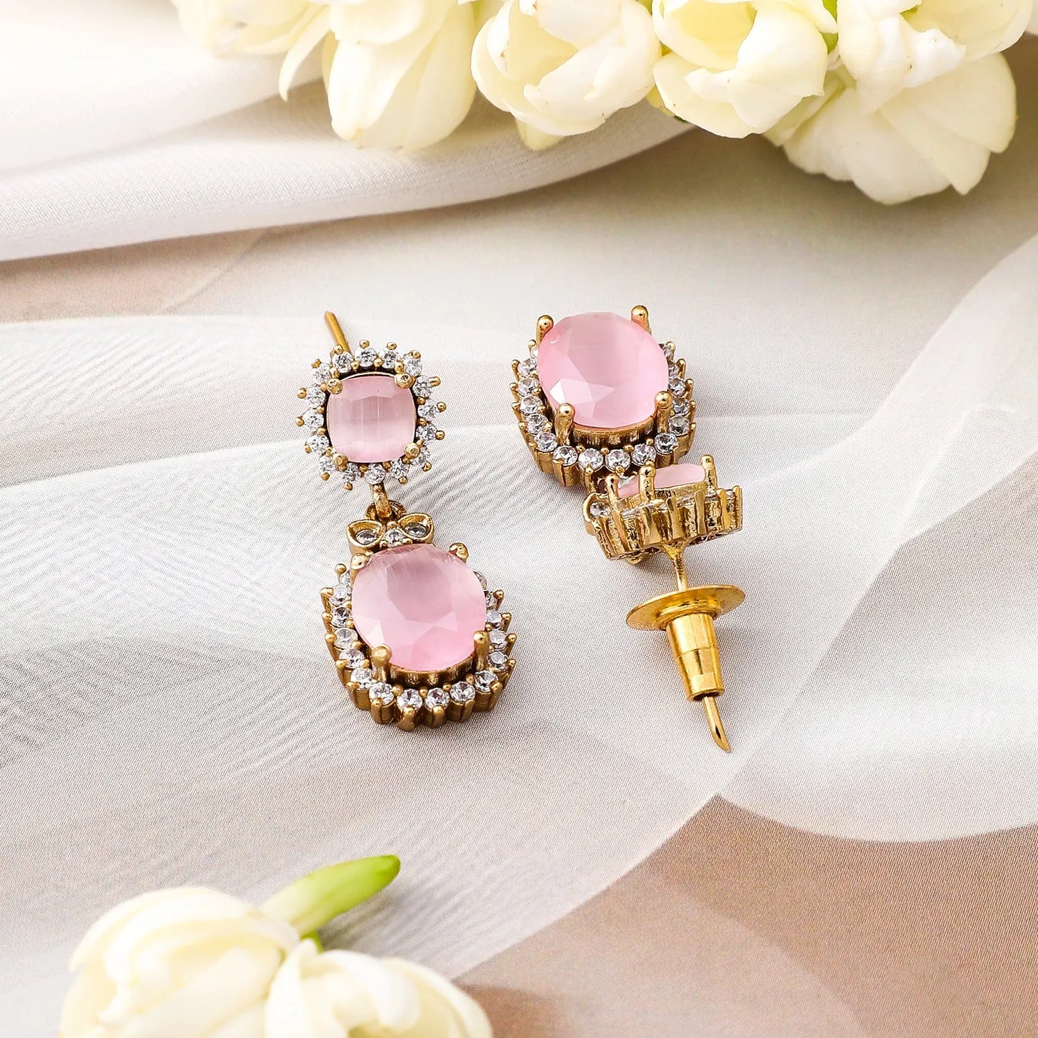 Rubans 22K Gold-Plated Pastel Pink Stone & Cubic Zirconia Studded Necklace Set with Matching Earrings