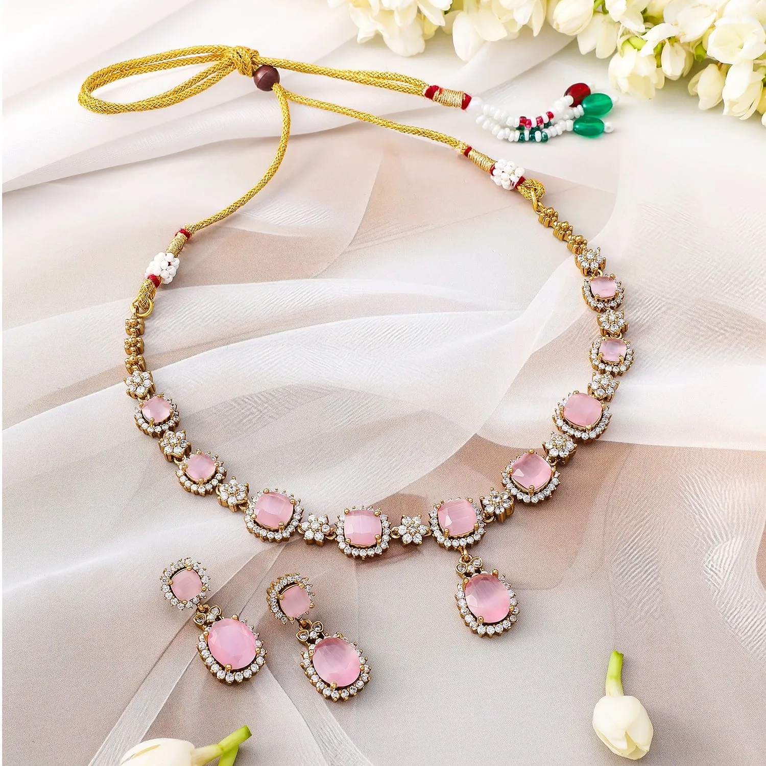 Rubans 22K Gold-Plated Pastel Pink Stone & Cubic Zirconia Studded Necklace Set with Matching Earrings