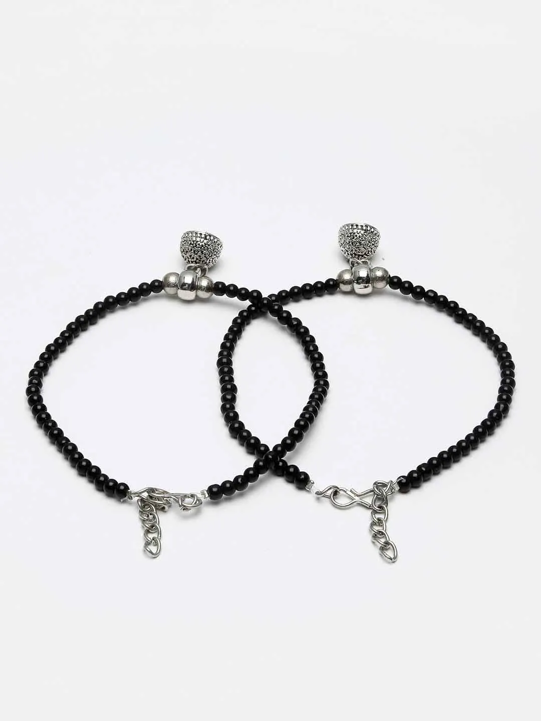 Set Of 2 Oxidized Silver-Plated Black Beaded Handcrafted Anklets