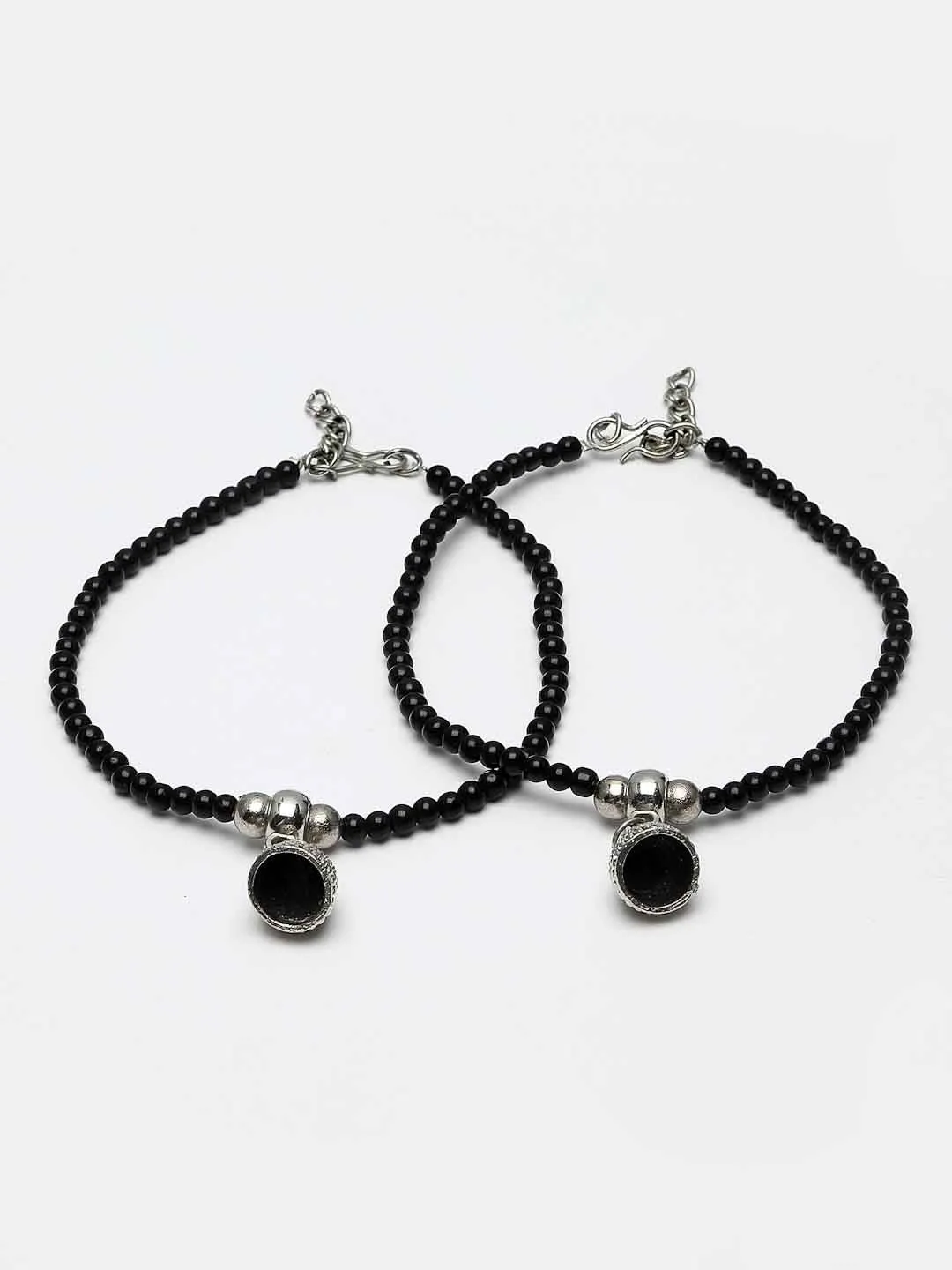 Set Of 2 Oxidized Silver-Plated Black Beaded Handcrafted Anklets