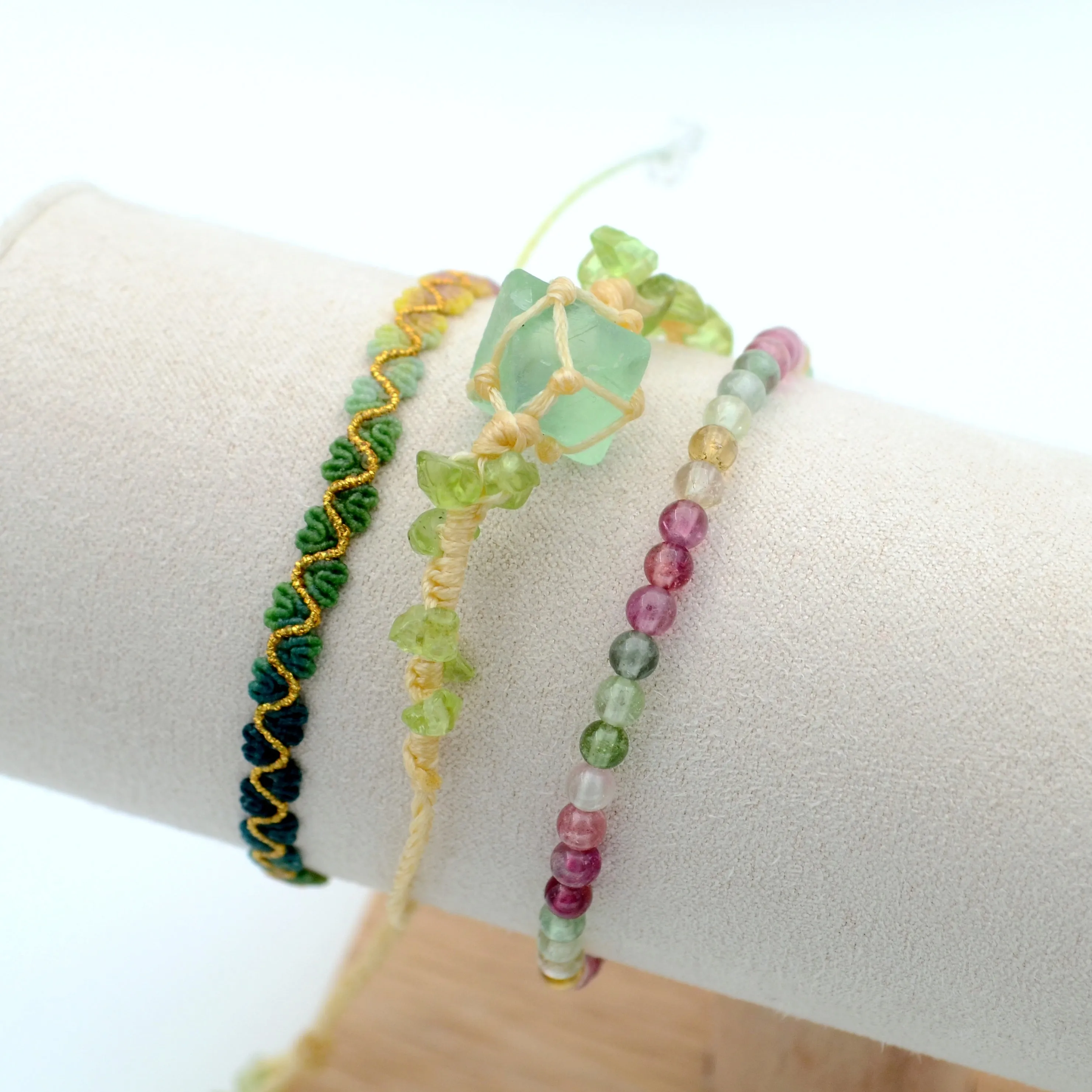 Set of Three Fluorite Gem Colorful Aquamarine Hand-Woven Bracelet