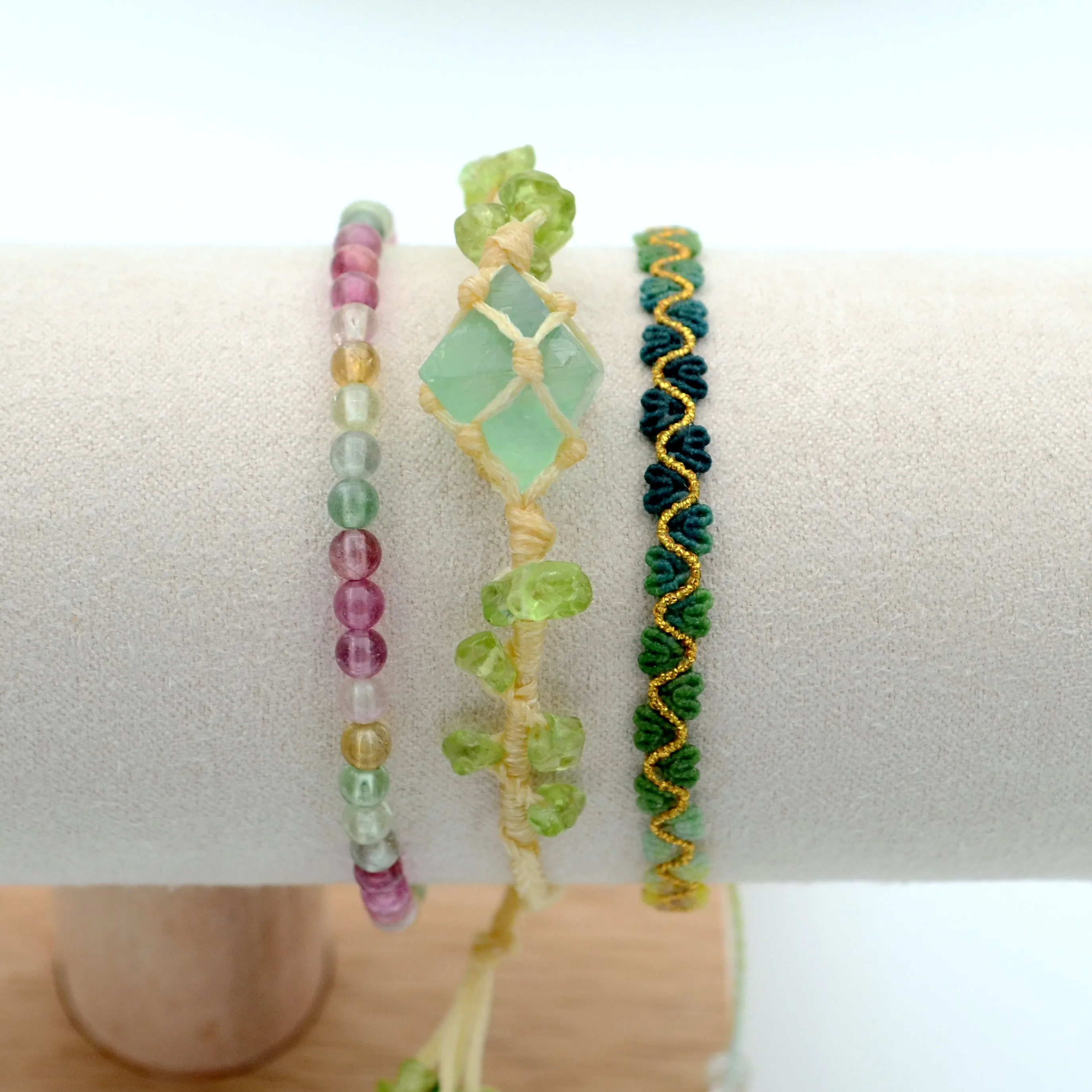 Set of Three Fluorite Gem Colorful Aquamarine Hand-Woven Bracelet