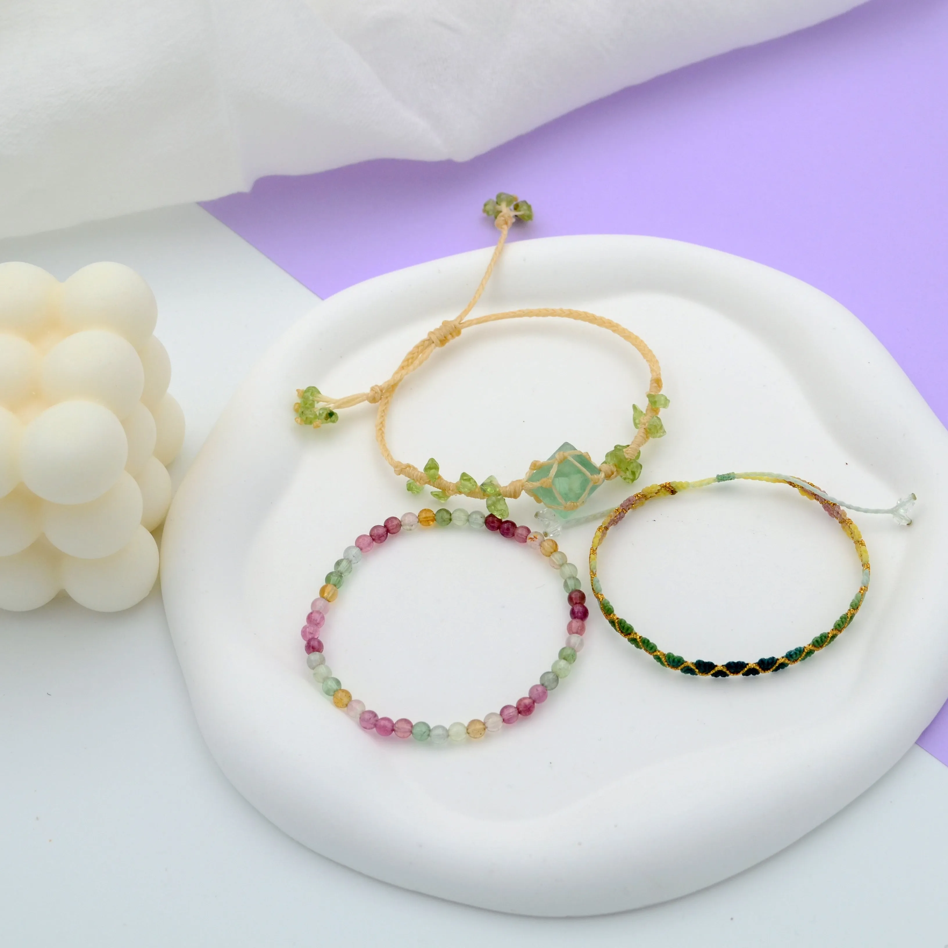 Set of Three Fluorite Gem Colorful Aquamarine Hand-Woven Bracelet