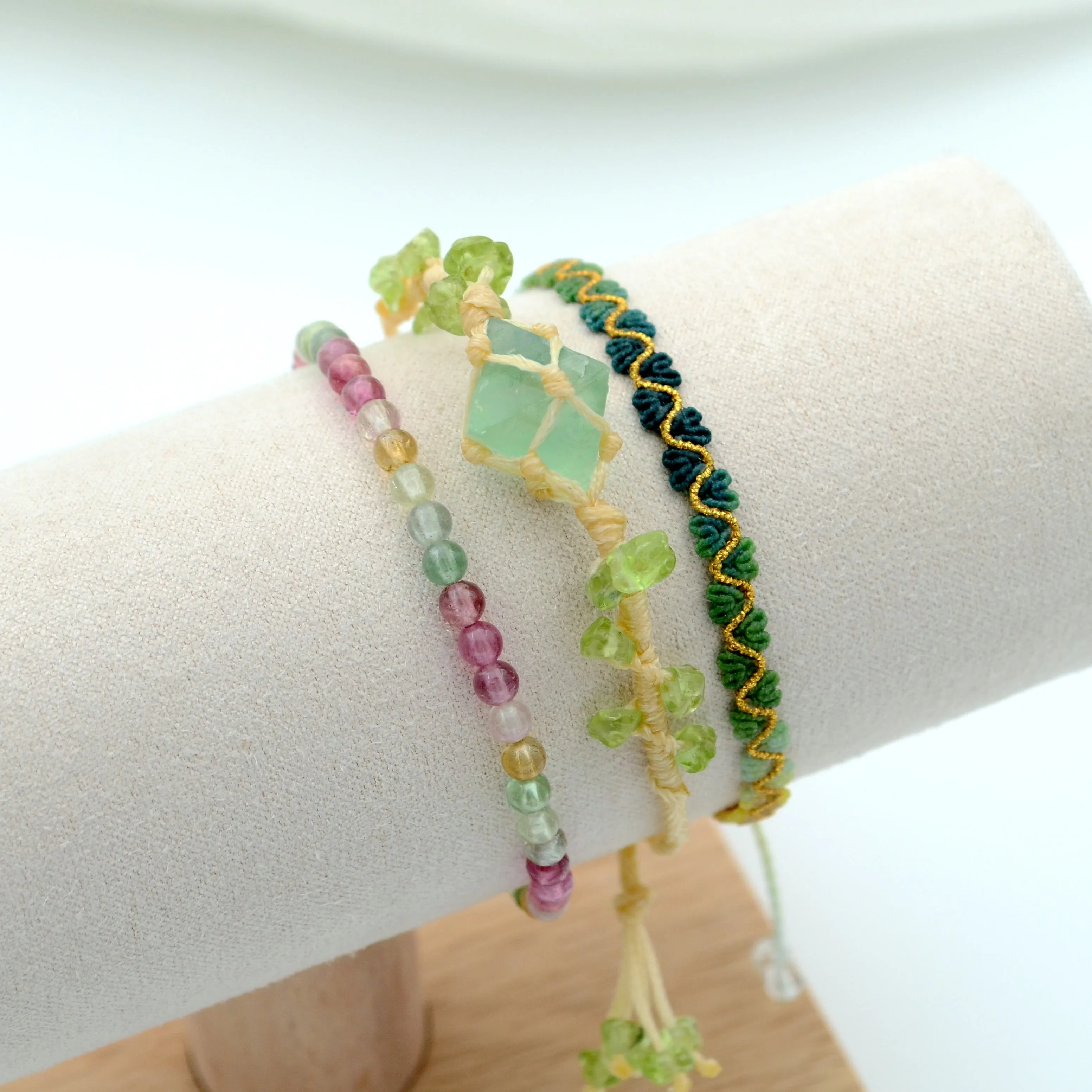 Set of Three Fluorite Gem Colorful Aquamarine Hand-Woven Bracelet