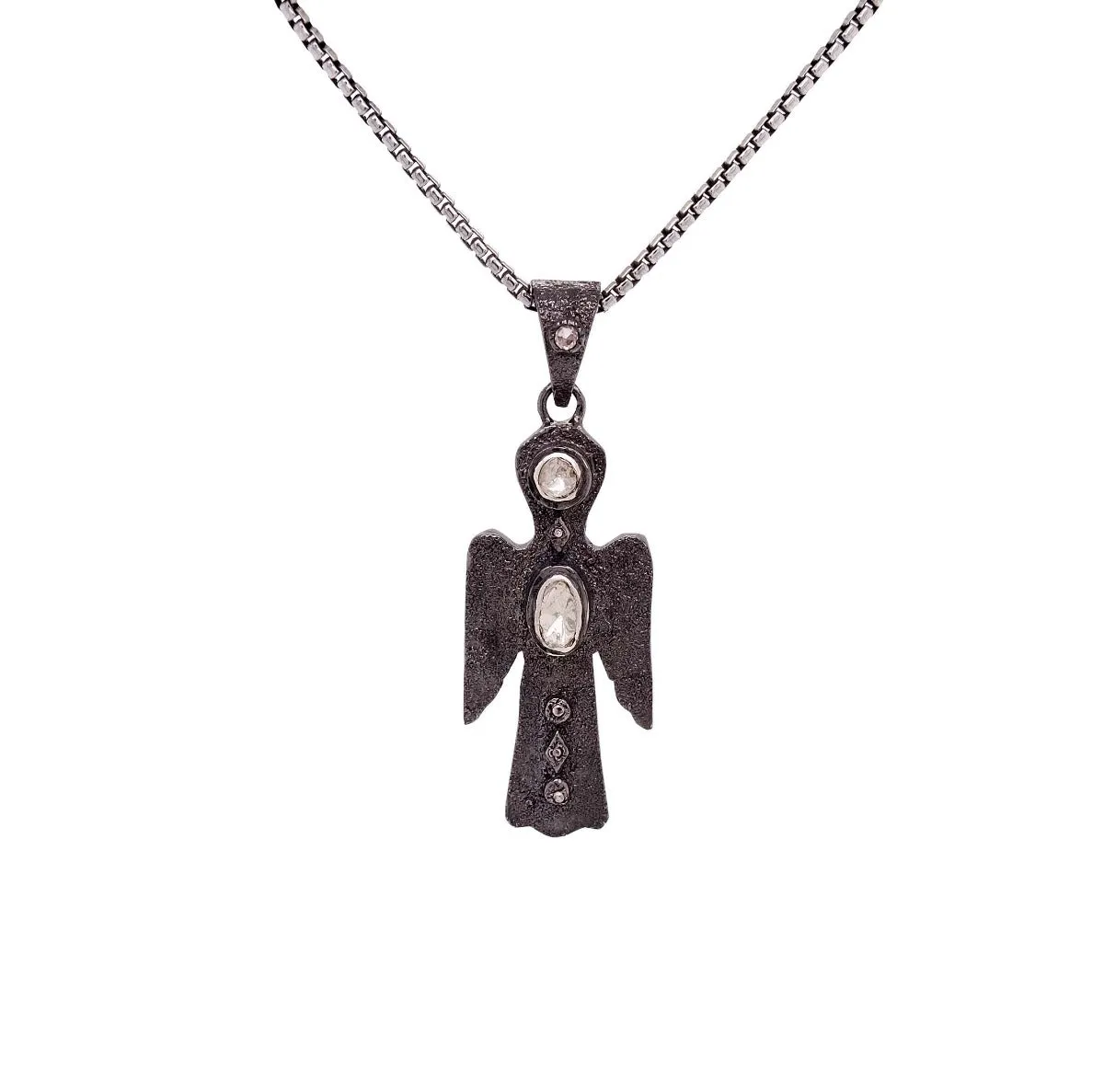 Silver and Black Rhodium Raw Diamond Angel Pendant