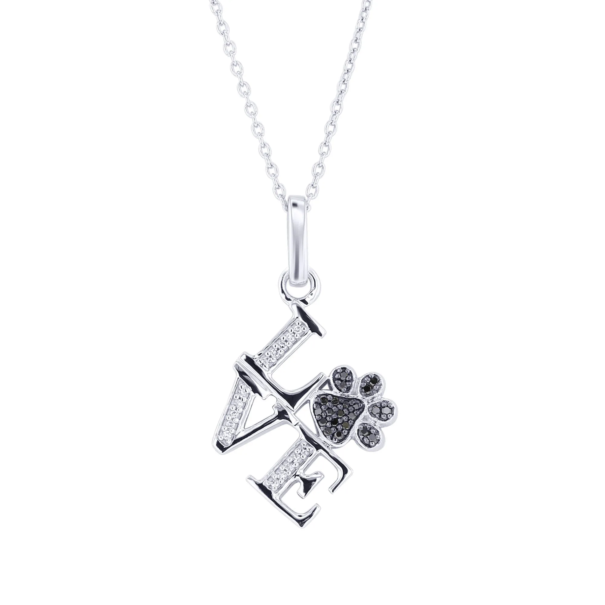 Silver Philly Love Paw Print Black Diamond Necklace