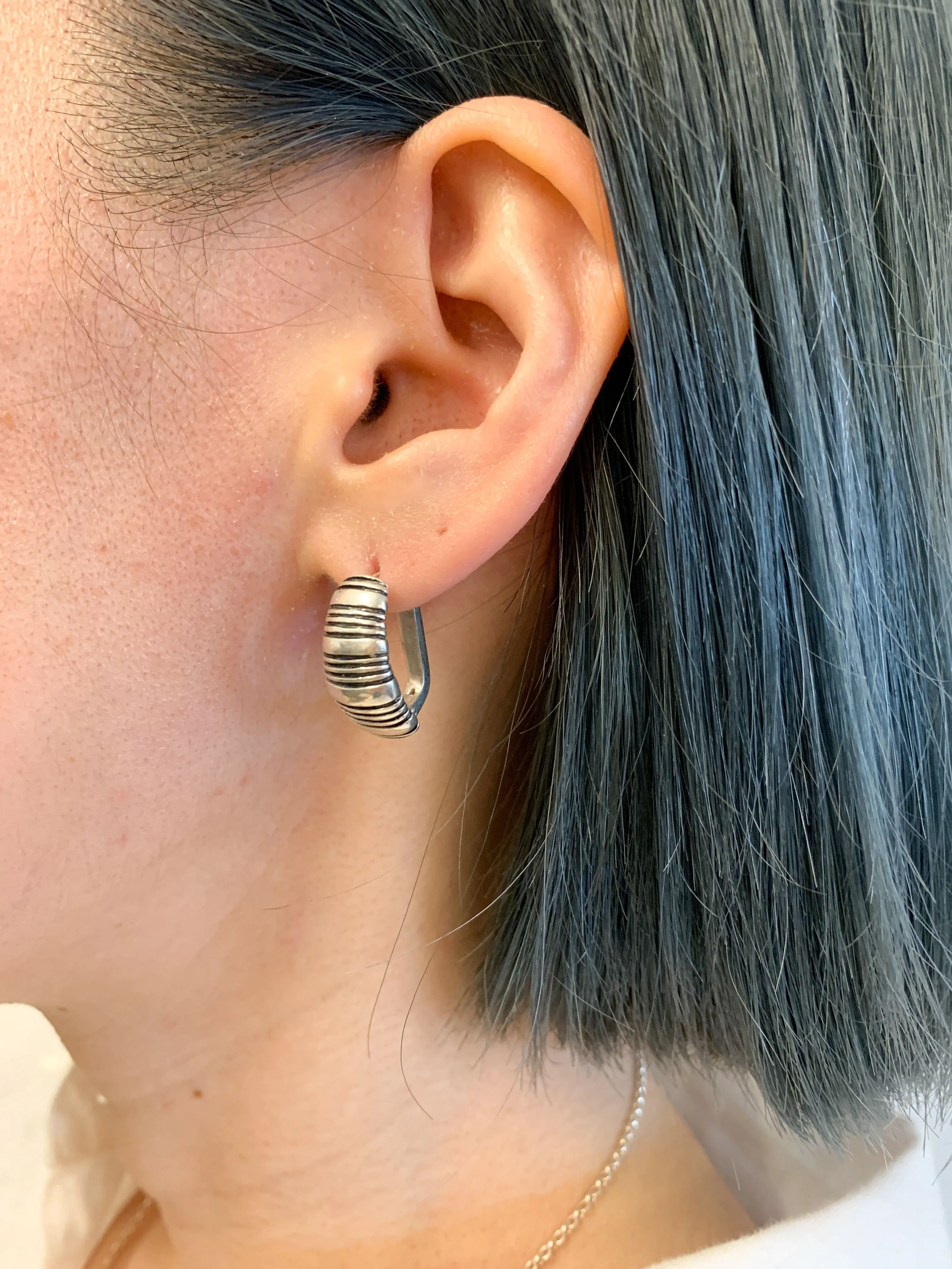 Silver Ribbed Earrings - Silver Chunky Earrings - Half Hoop Silver Earrings