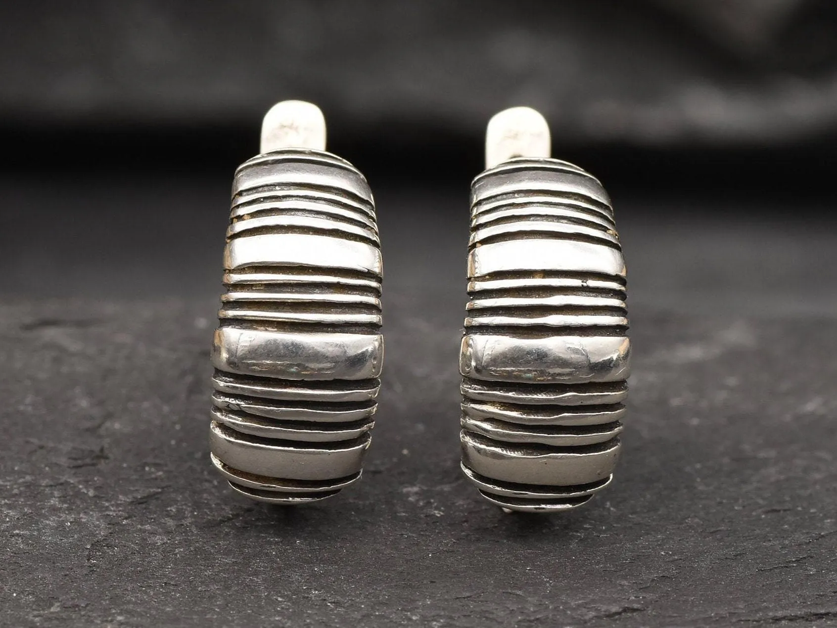 Silver Ribbed Earrings - Silver Chunky Earrings - Half Hoop Silver Earrings