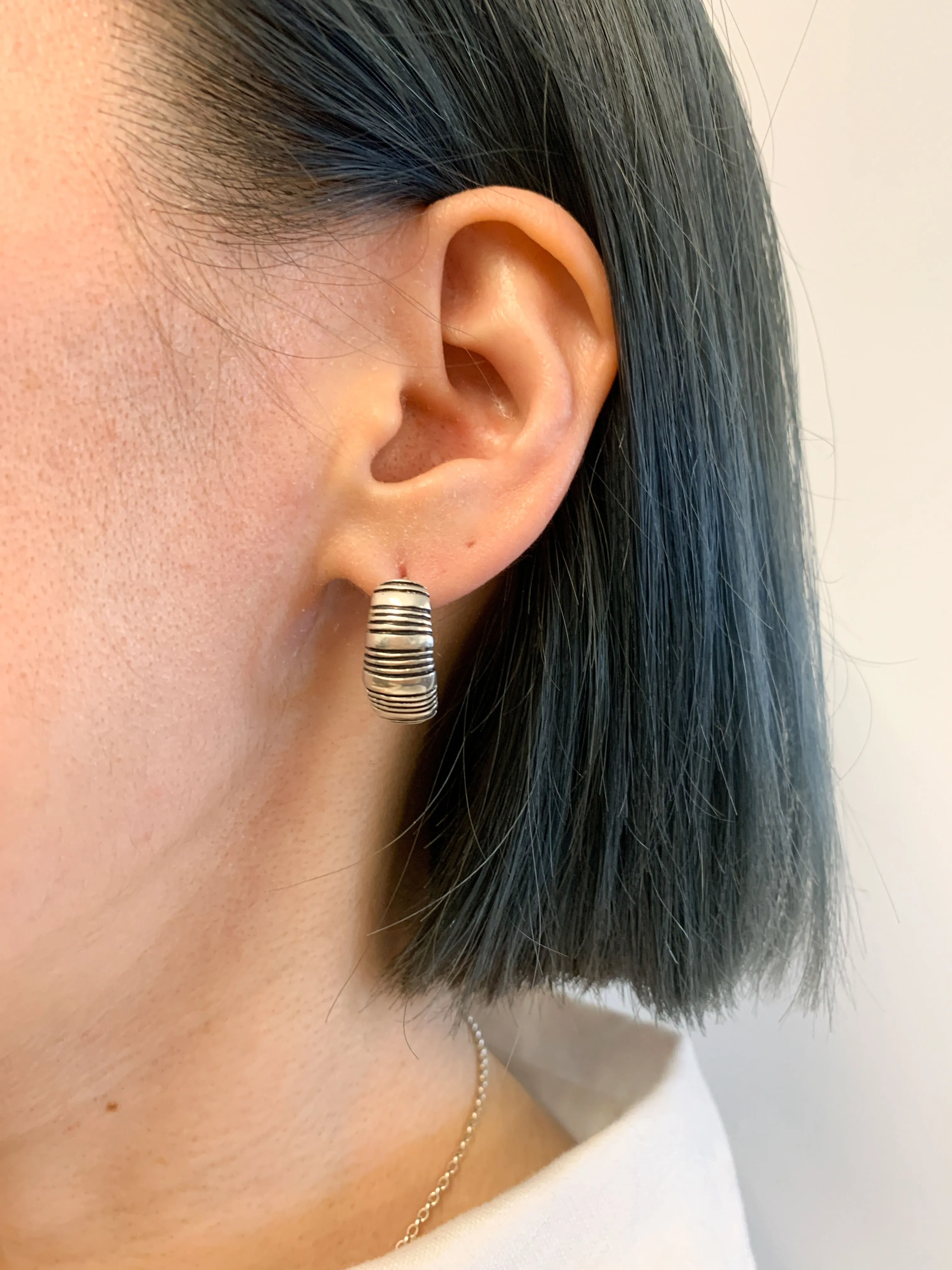 Silver Ribbed Earrings - Silver Chunky Earrings - Half Hoop Silver Earrings