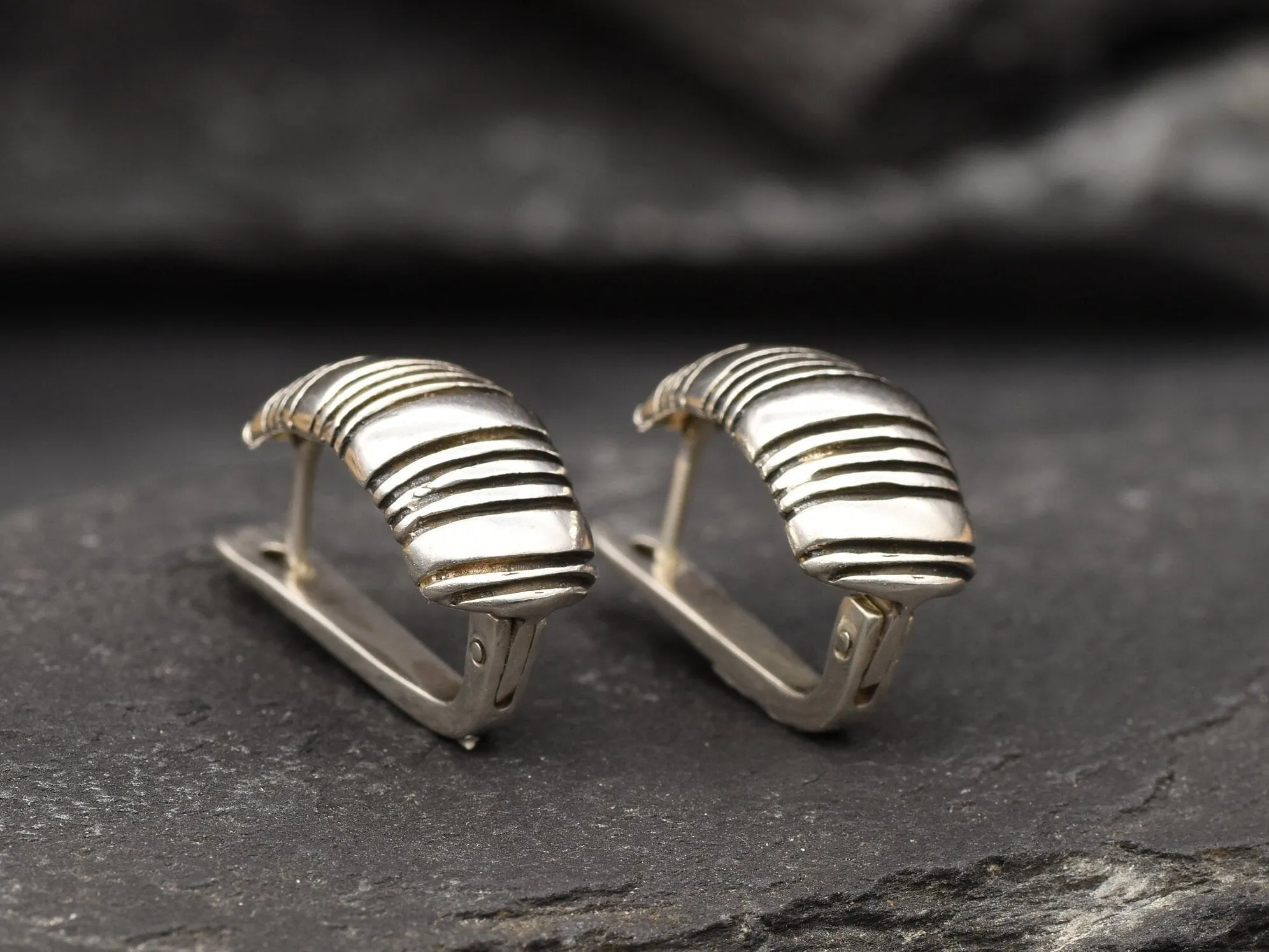 Silver Ribbed Earrings - Silver Chunky Earrings - Half Hoop Silver Earrings