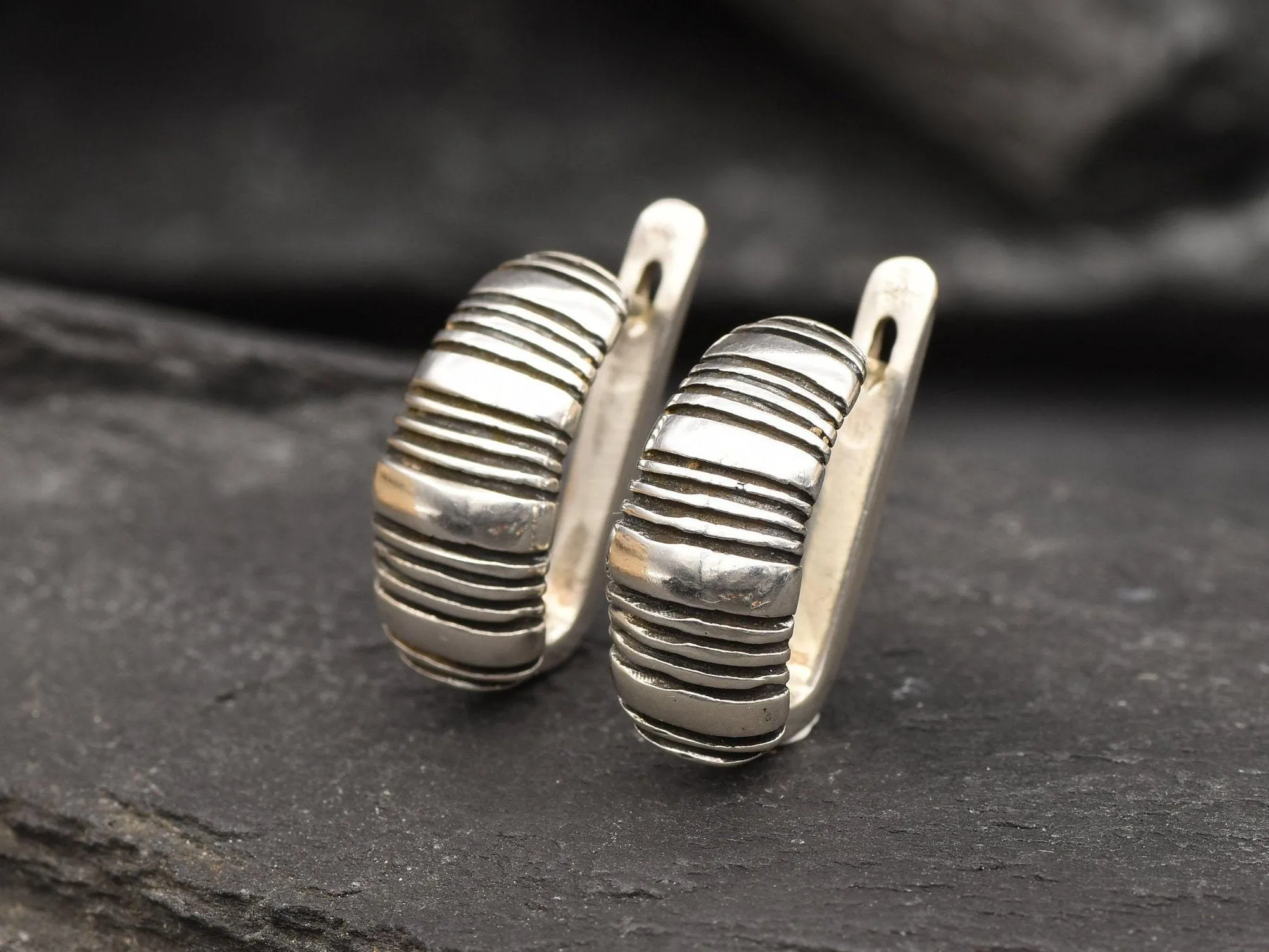 Silver Ribbed Earrings - Silver Chunky Earrings - Half Hoop Silver Earrings