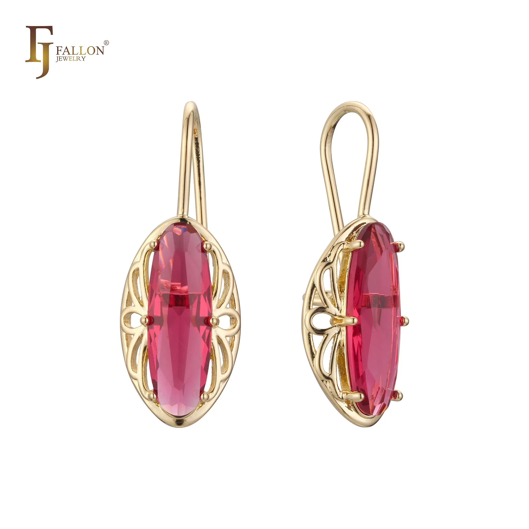 .Simple big oval red CZ wire hook rose gold earrings