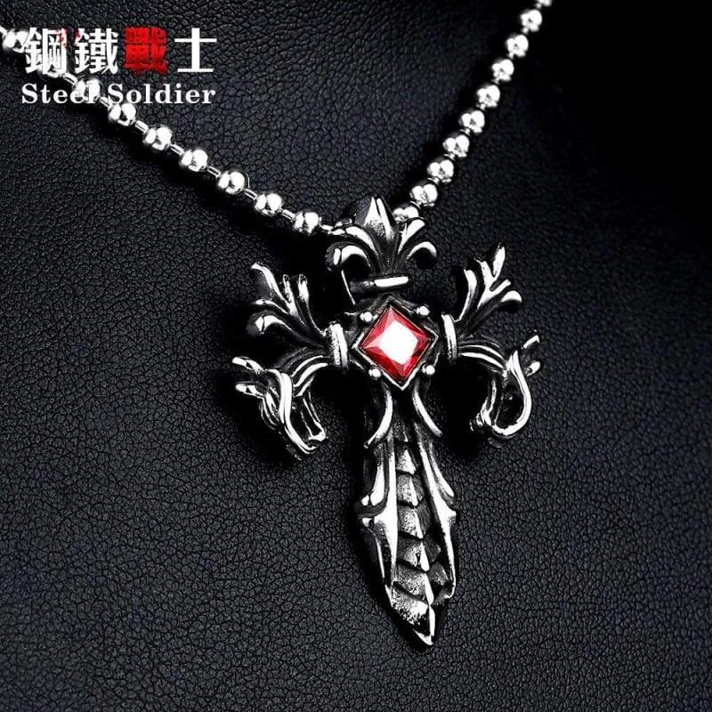 Steel soldier Wholesale Jewelry Charm Necklace Pendants Red & Black CZ Cross Jewelry woman and Man stone Sword