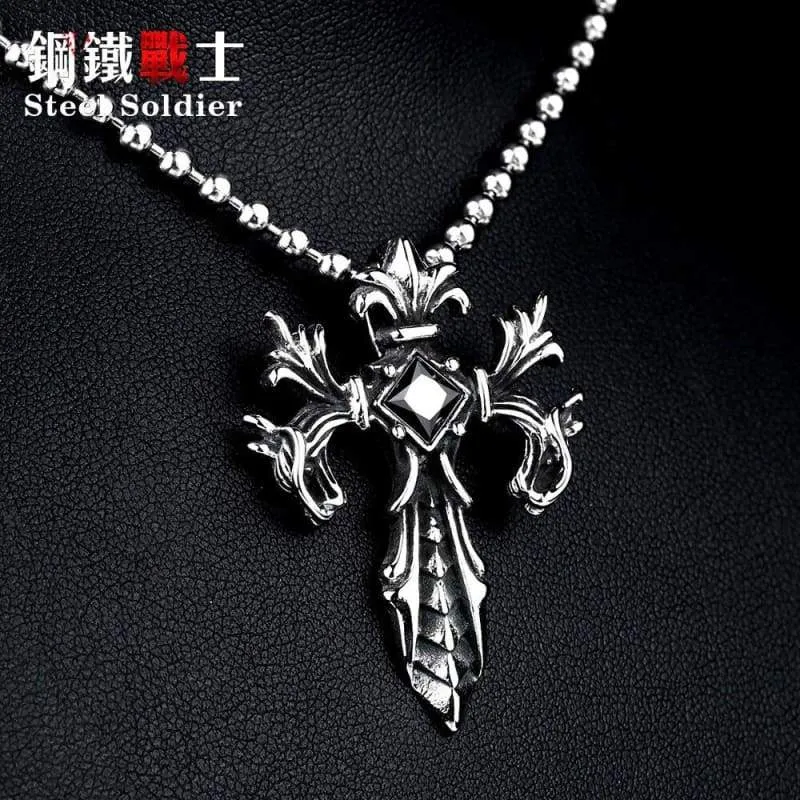 Steel soldier Wholesale Jewelry Charm Necklace Pendants Red & Black CZ Cross Jewelry woman and Man stone Sword