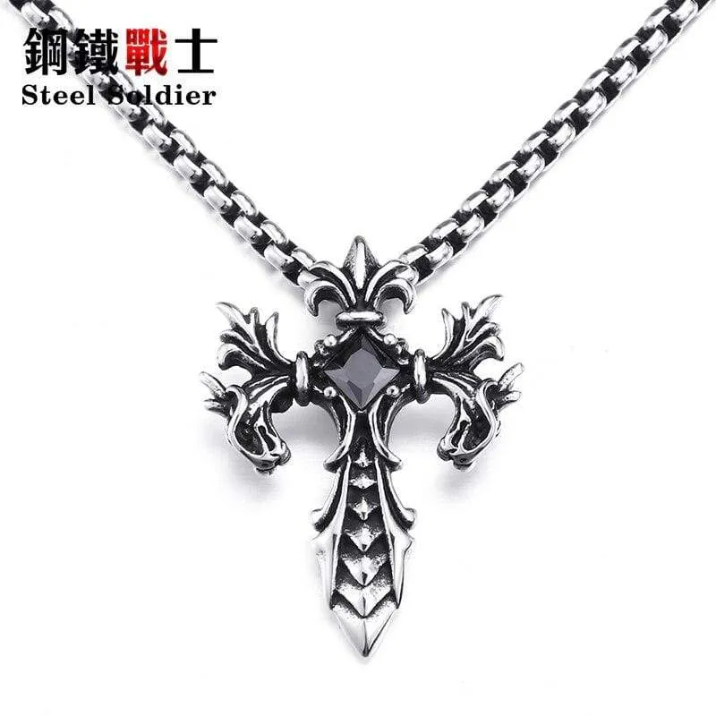 Steel soldier Wholesale Jewelry Charm Necklace Pendants Red & Black CZ Cross Jewelry woman and Man stone Sword