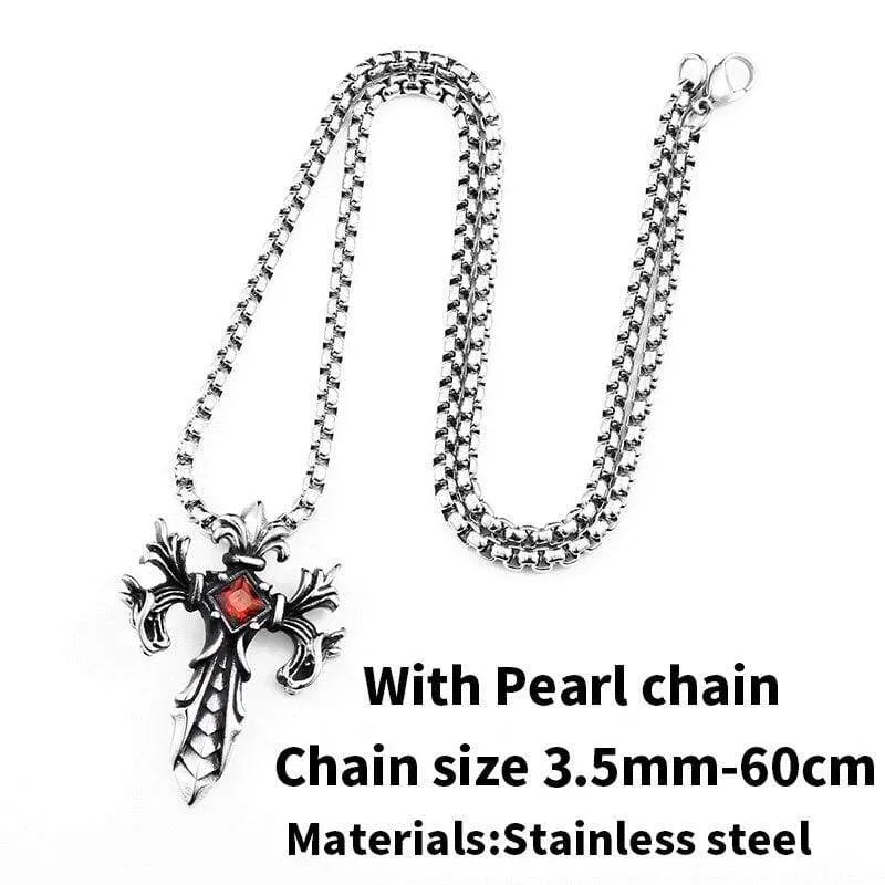 Steel soldier Wholesale Jewelry Charm Necklace Pendants Red & Black CZ Cross Jewelry woman and Man stone Sword