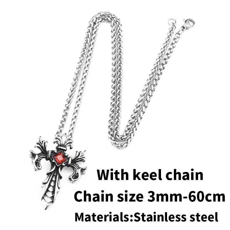 Steel soldier Wholesale Jewelry Charm Necklace Pendants Red & Black CZ Cross Jewelry woman and Man stone Sword