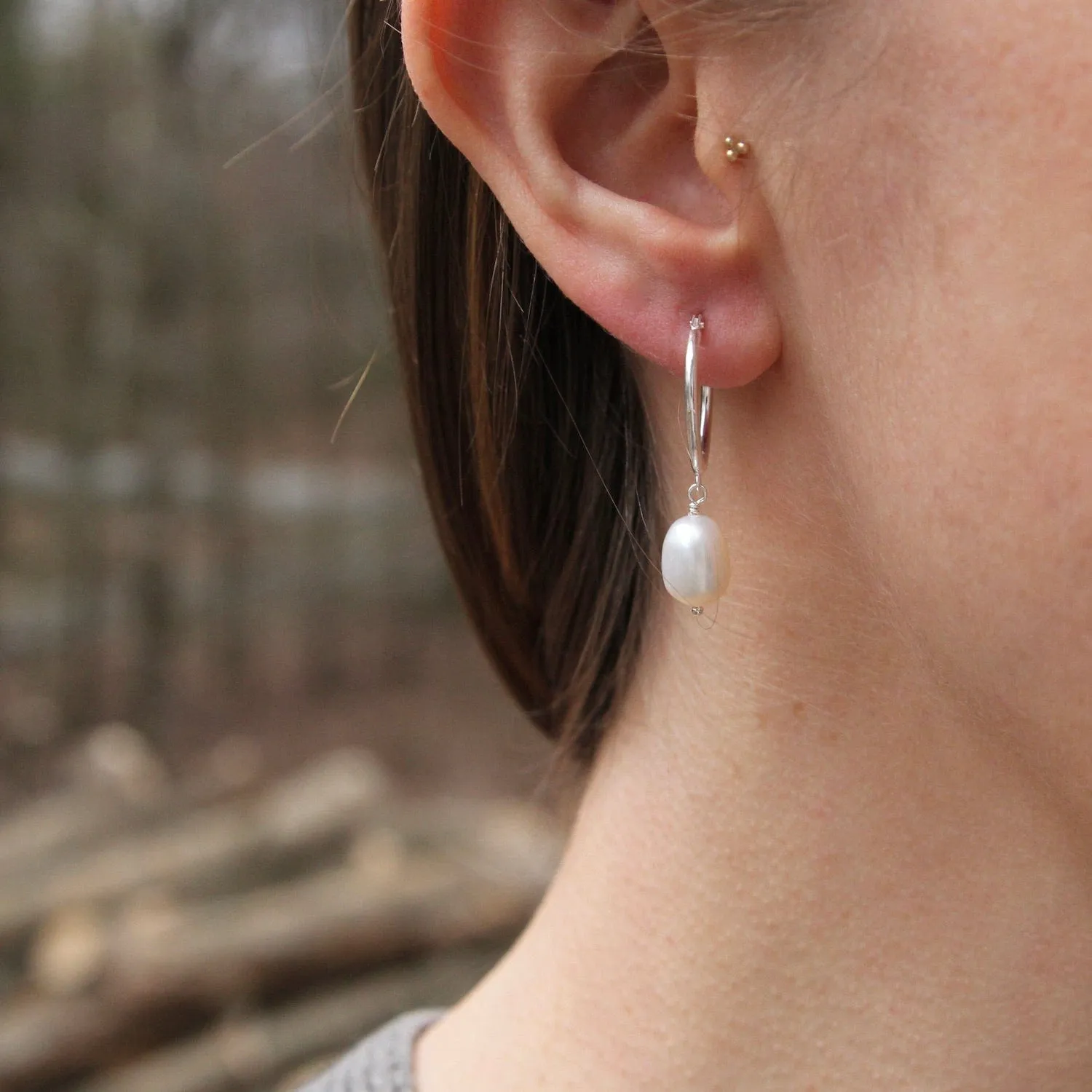 Sterling Silver Hoop with Hanging Pearl Earrings