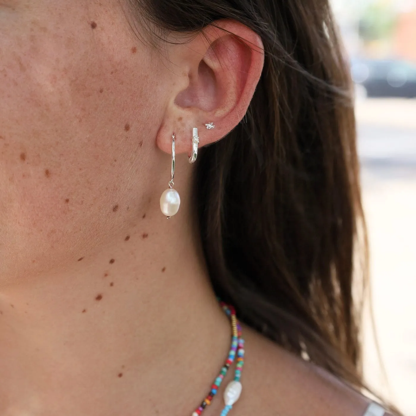 Sterling Silver Hoop with Hanging Pearl Earrings