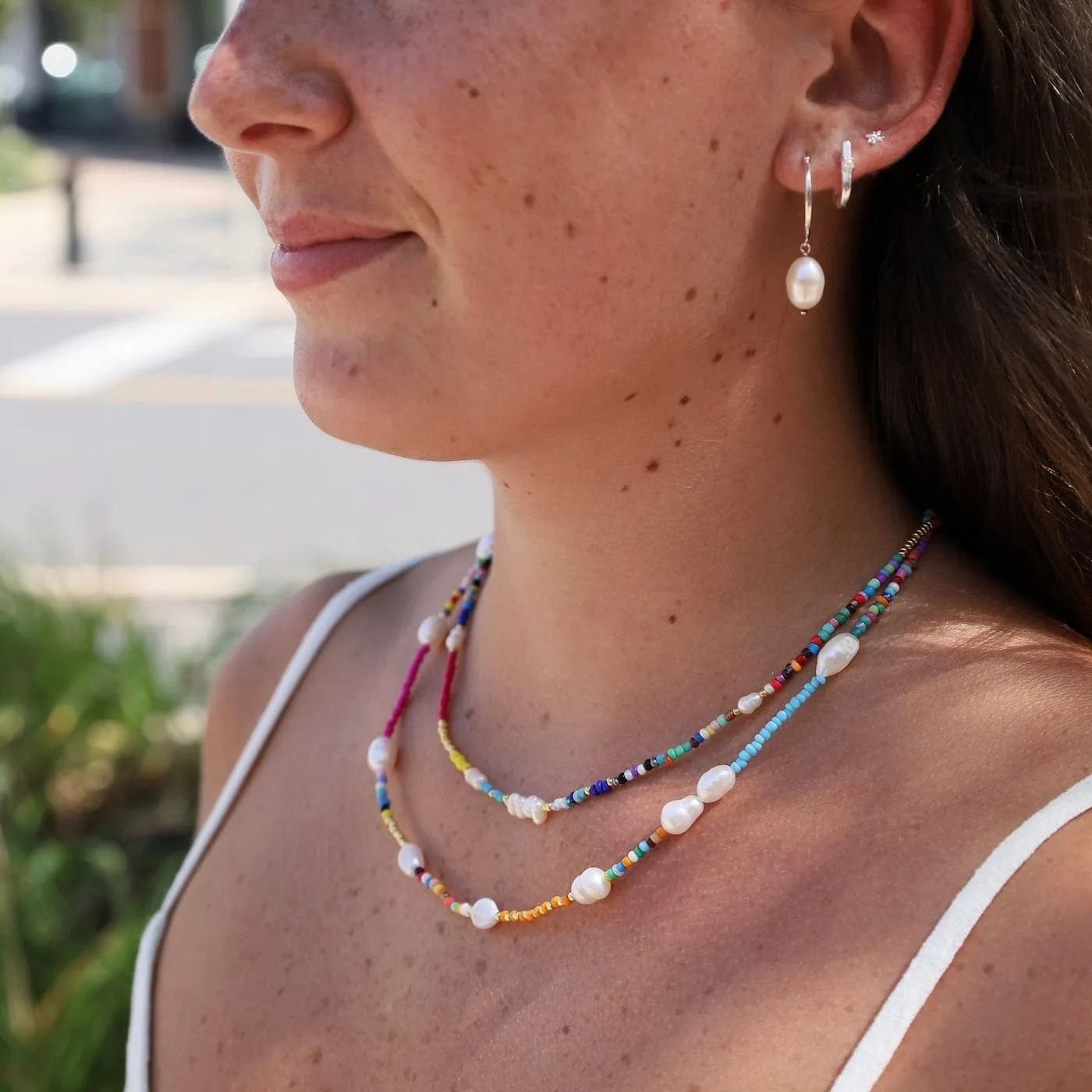 Sterling Silver Hoop with Hanging Pearl Earrings