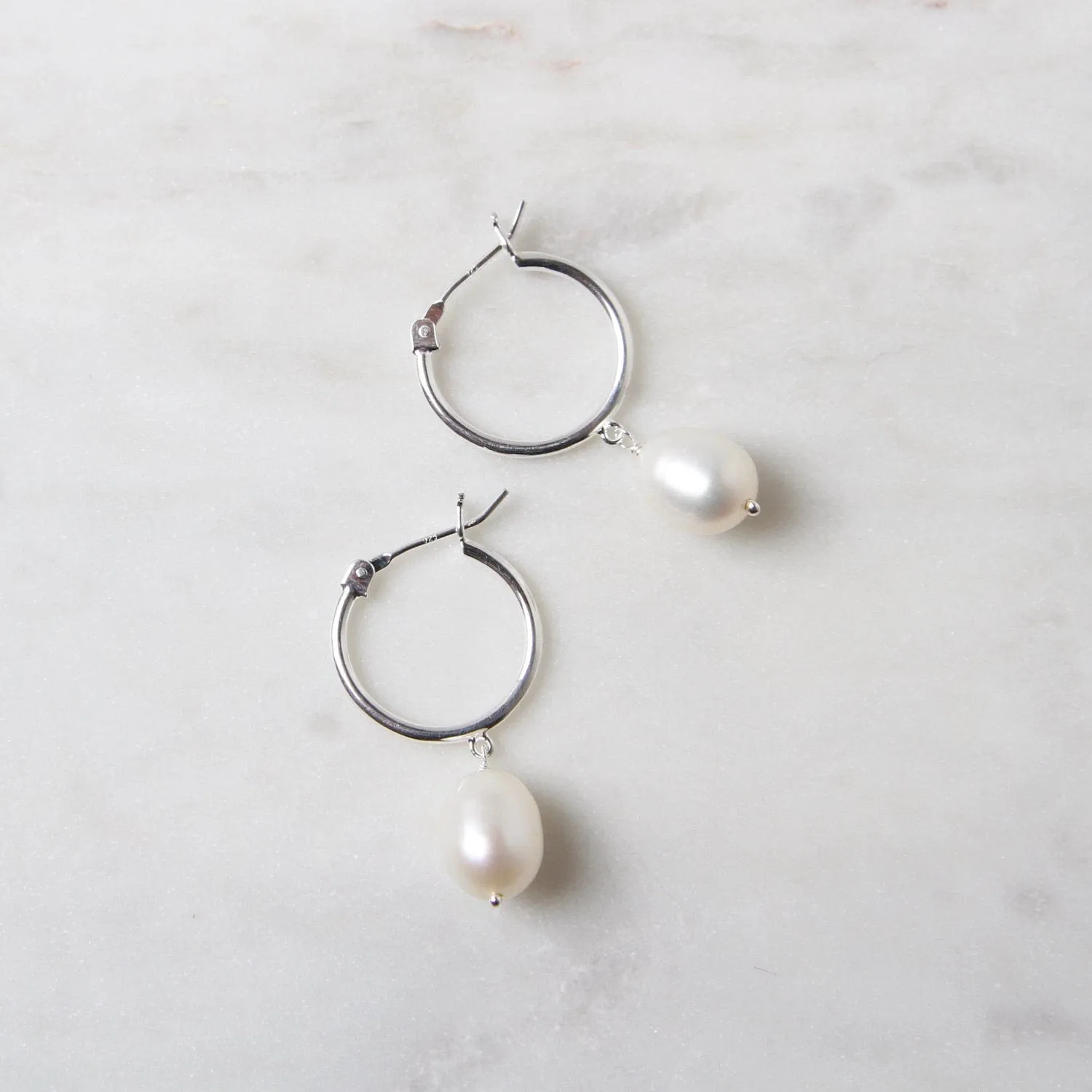 Sterling Silver Hoop with Hanging Pearl Earrings