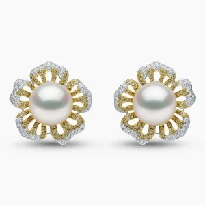 Sunrise 18K Gold Pearl and Diamond Floral Stud Earrings