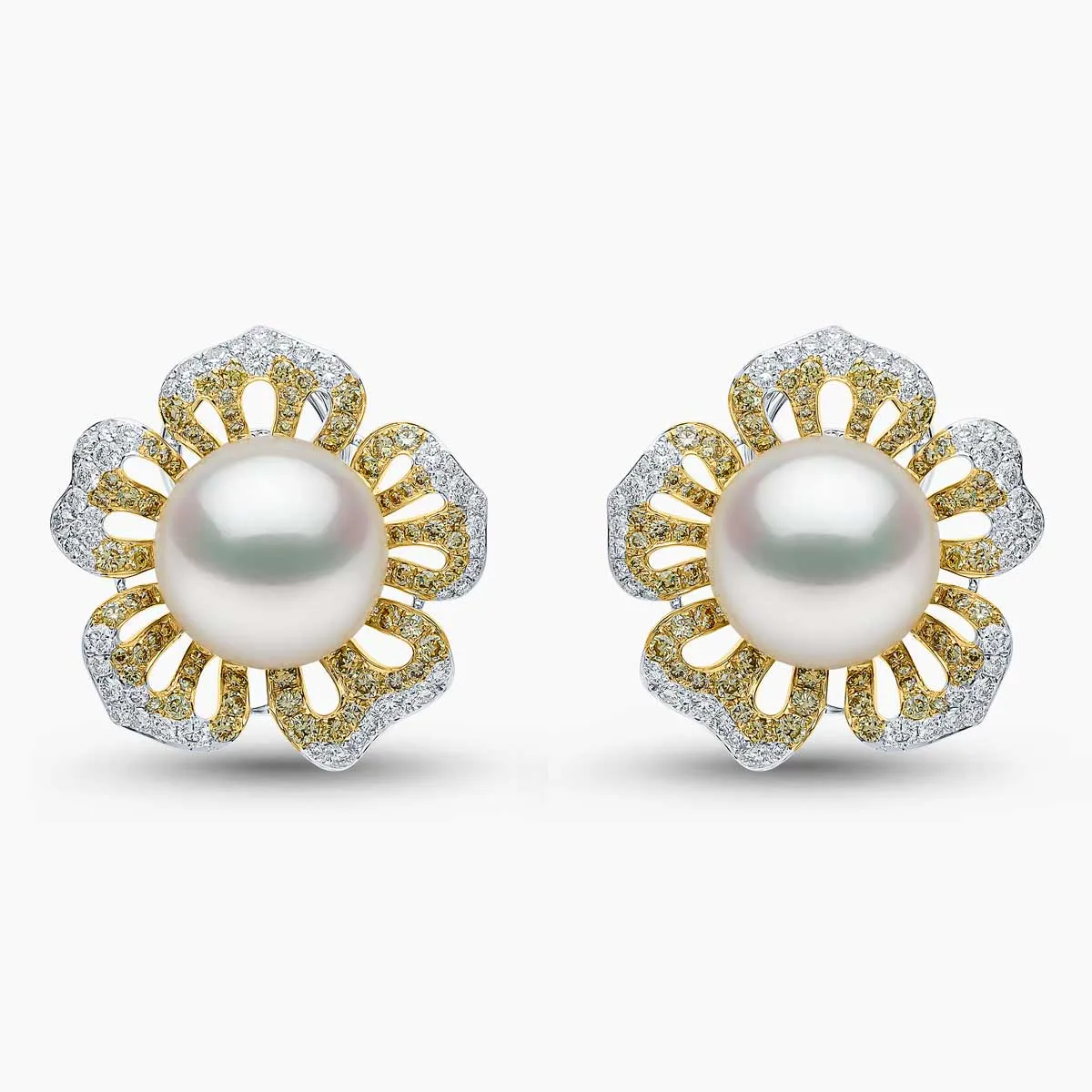 Sunrise 18K Gold Pearl and Diamond Floral Stud Earrings