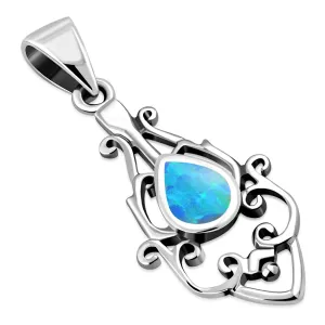 Synthetic Azure Blue Opal Ethnic Sterling Silver Drop Pendant